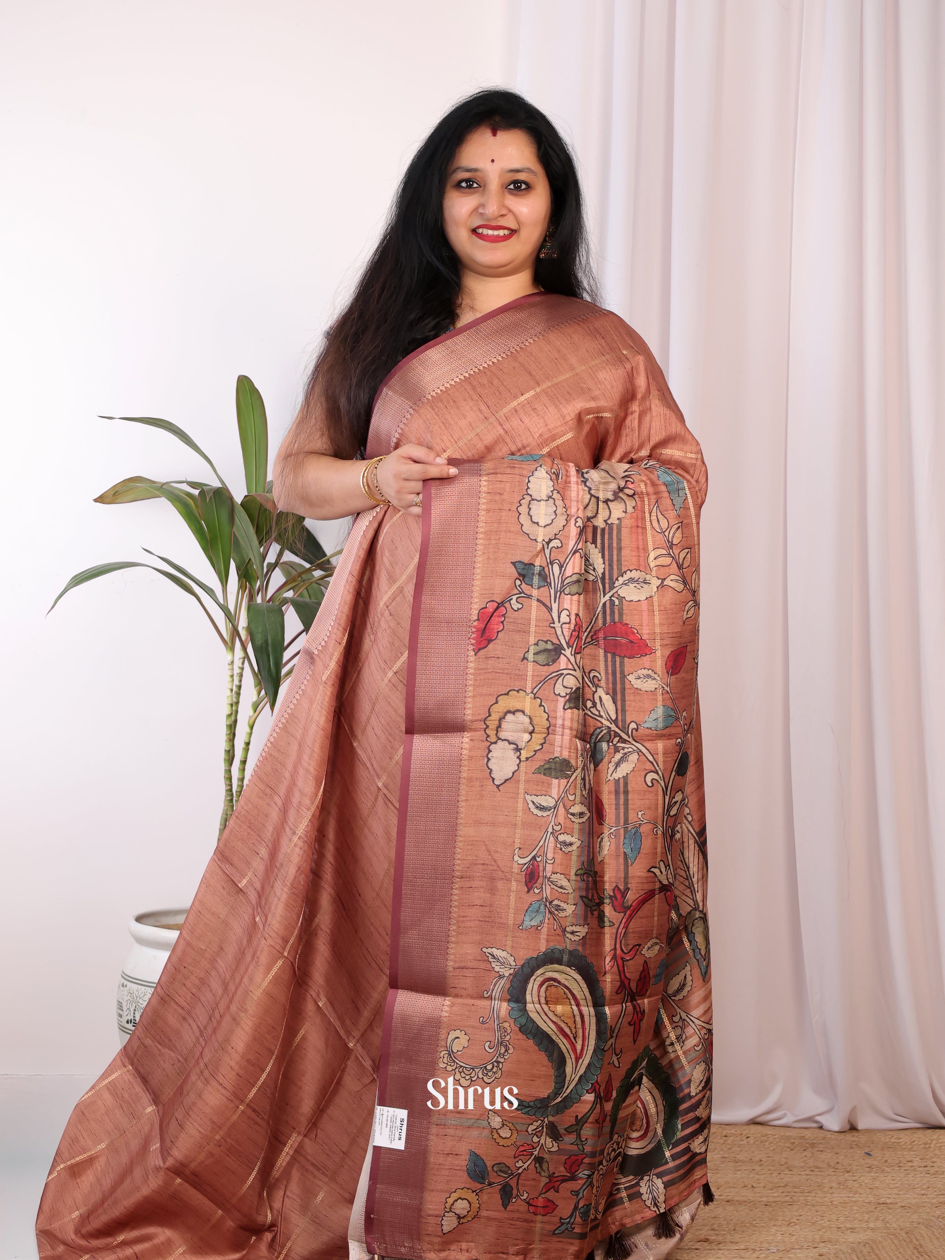 Brown - Semi Chanderi Saree - Shop on Shrus.com