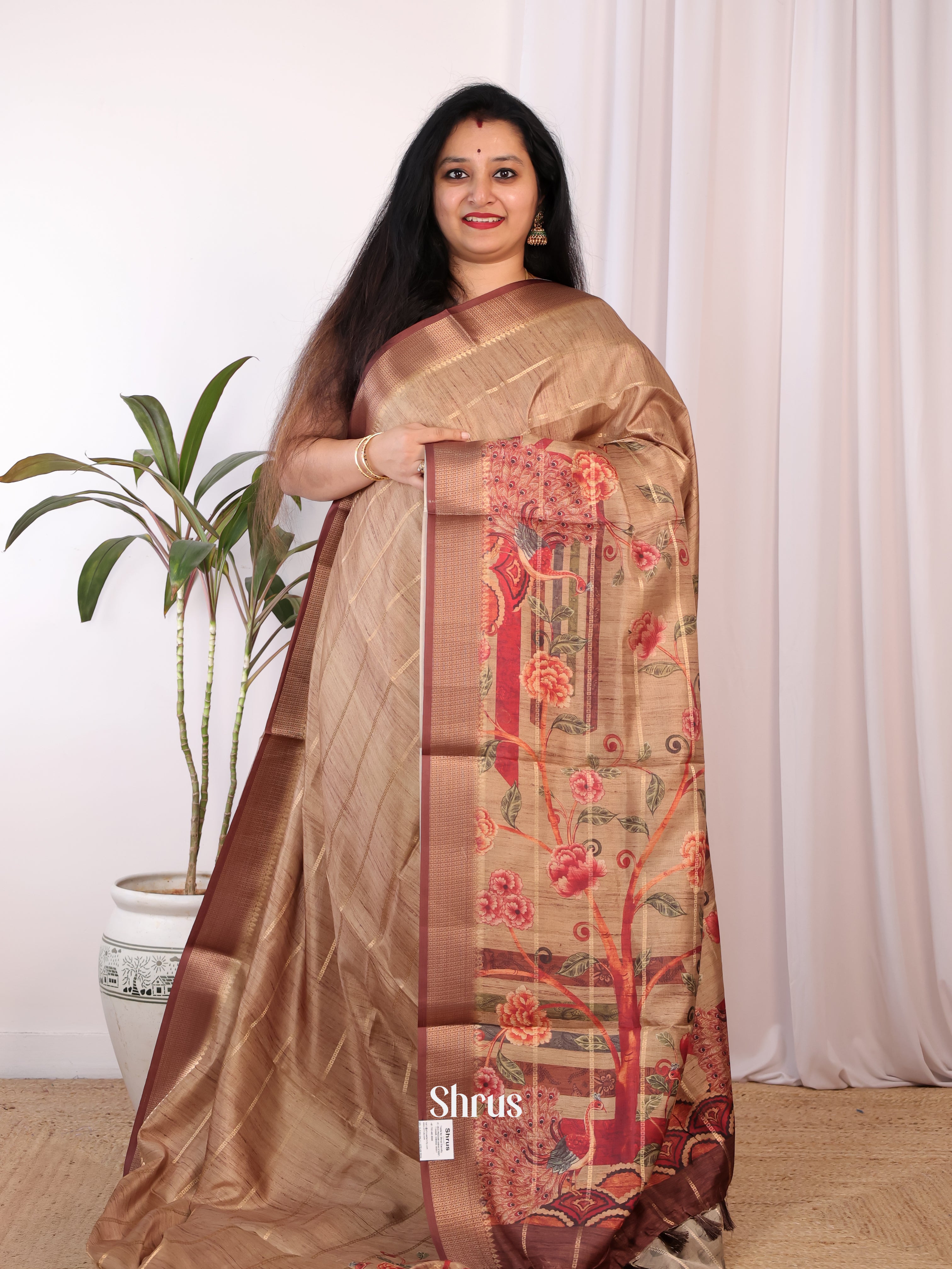 Lite Brown - Semi Chanderi Saree - Shop on Shrus.com