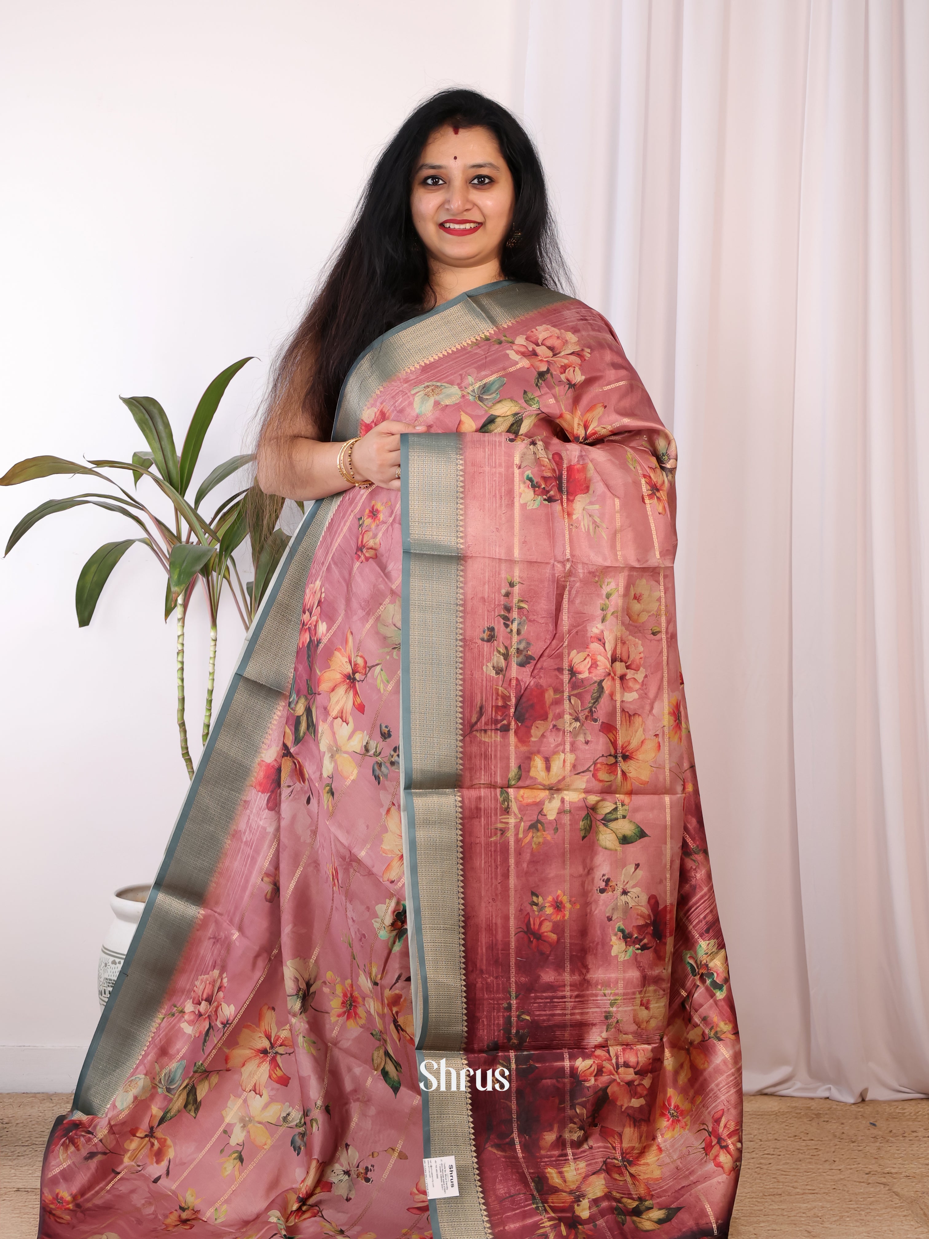 Onion Pink & Grey - Semi Chanderi Saree - Shop on Shrus.com