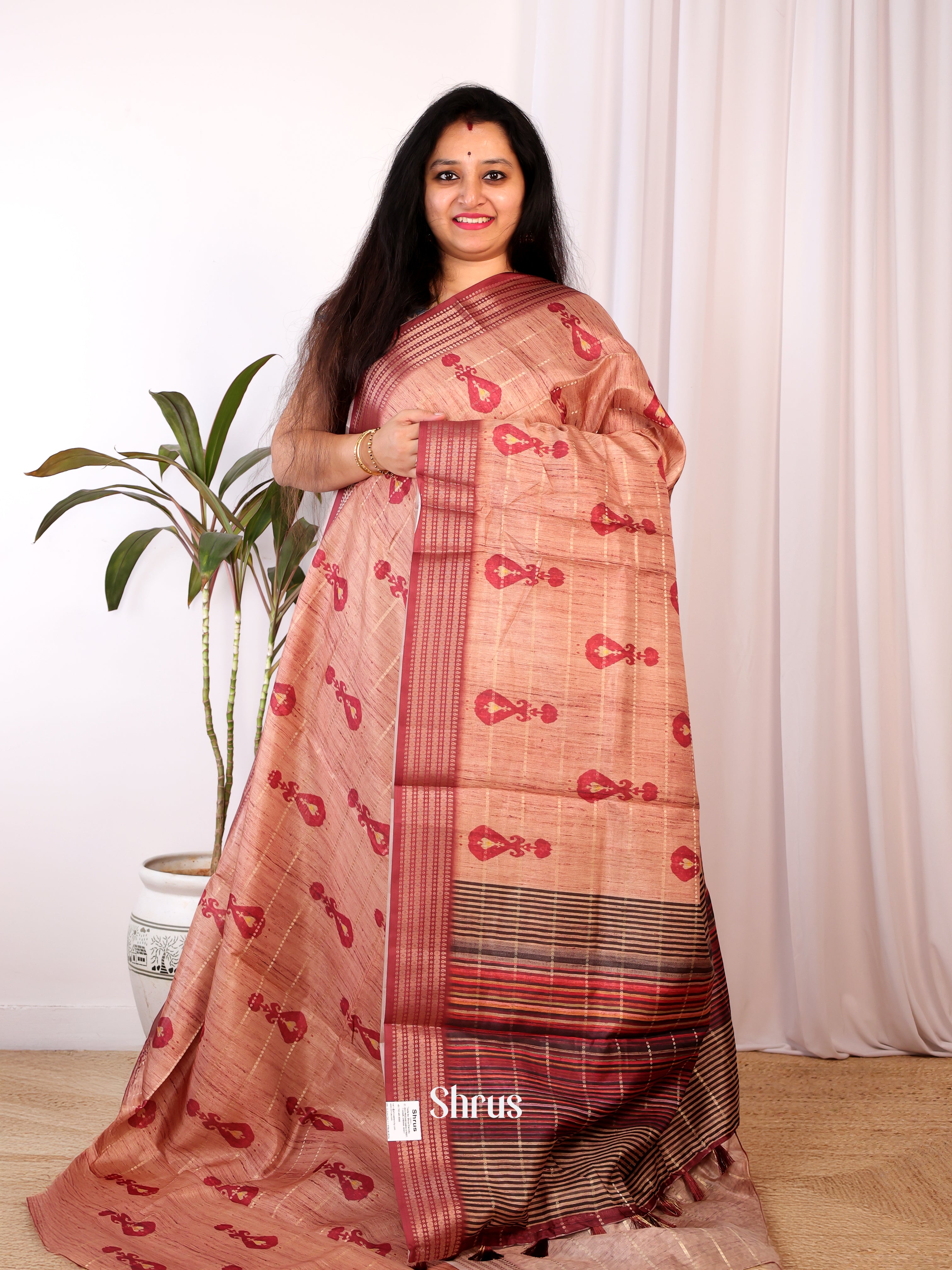 Brown - Semi Chanderi Saree - Shop on Shrus.com