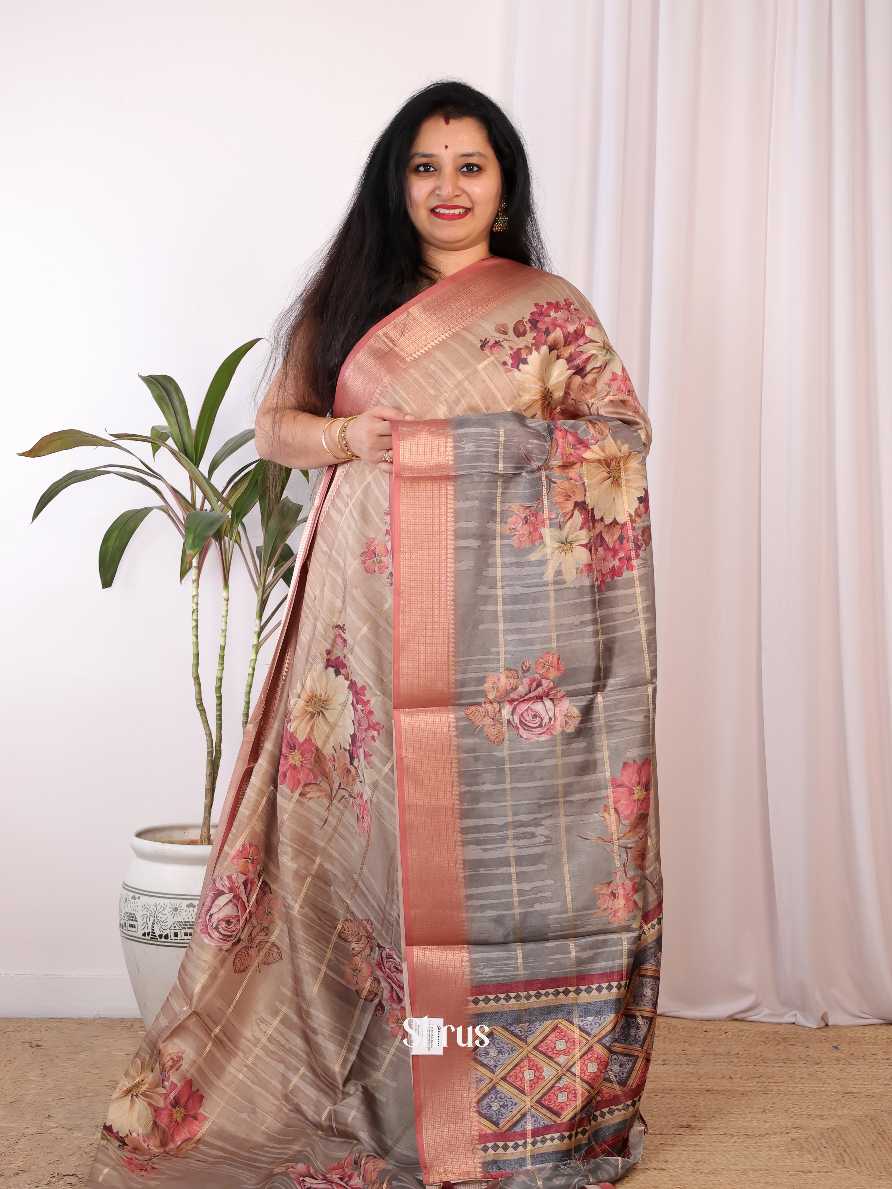 Dusty Pink & Grey - Semi Chanderi Saree - Shop on Shrus.com