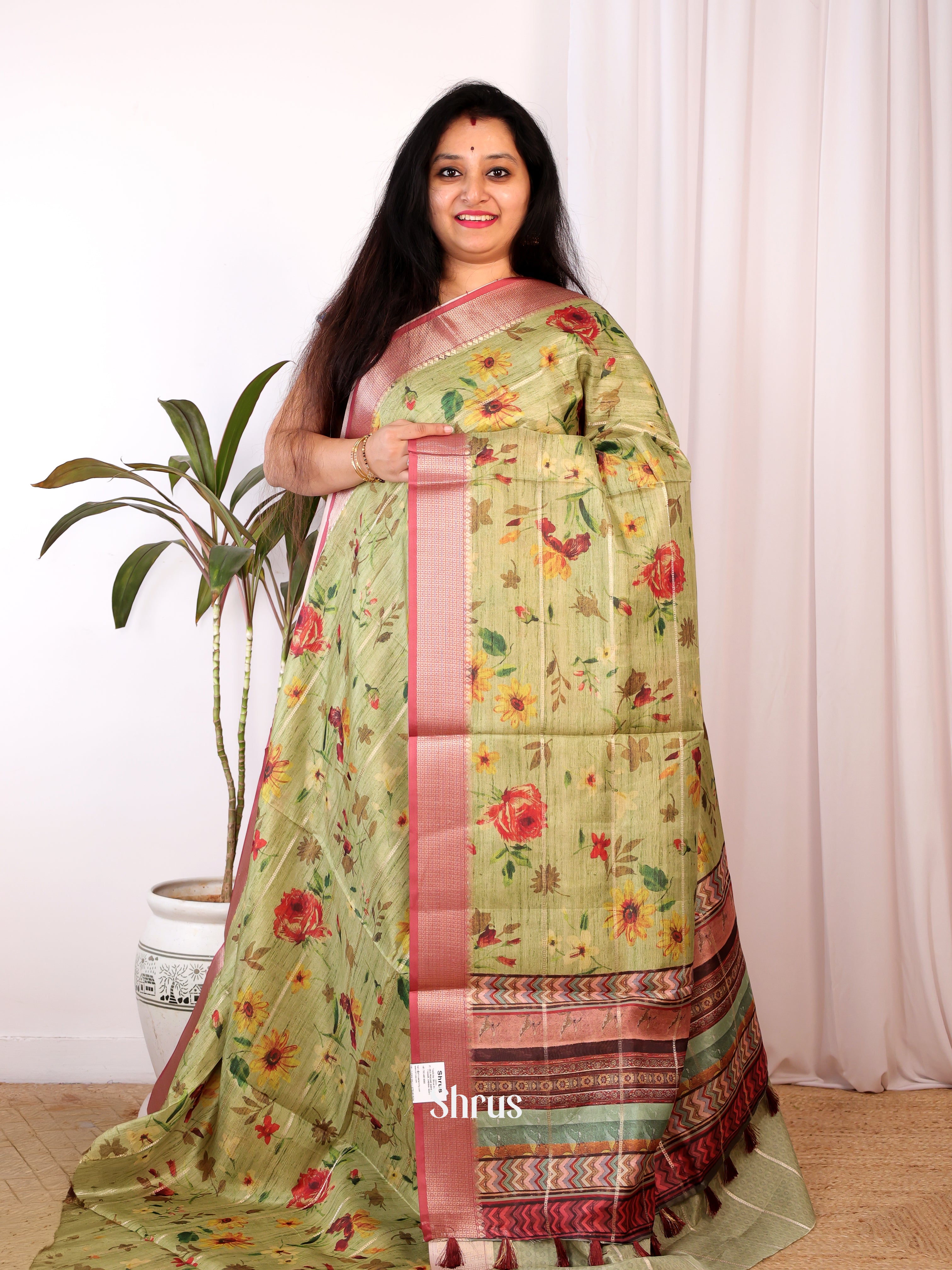 Green & Pink - Semi Chanderi Saree - Shop on Shrus.com