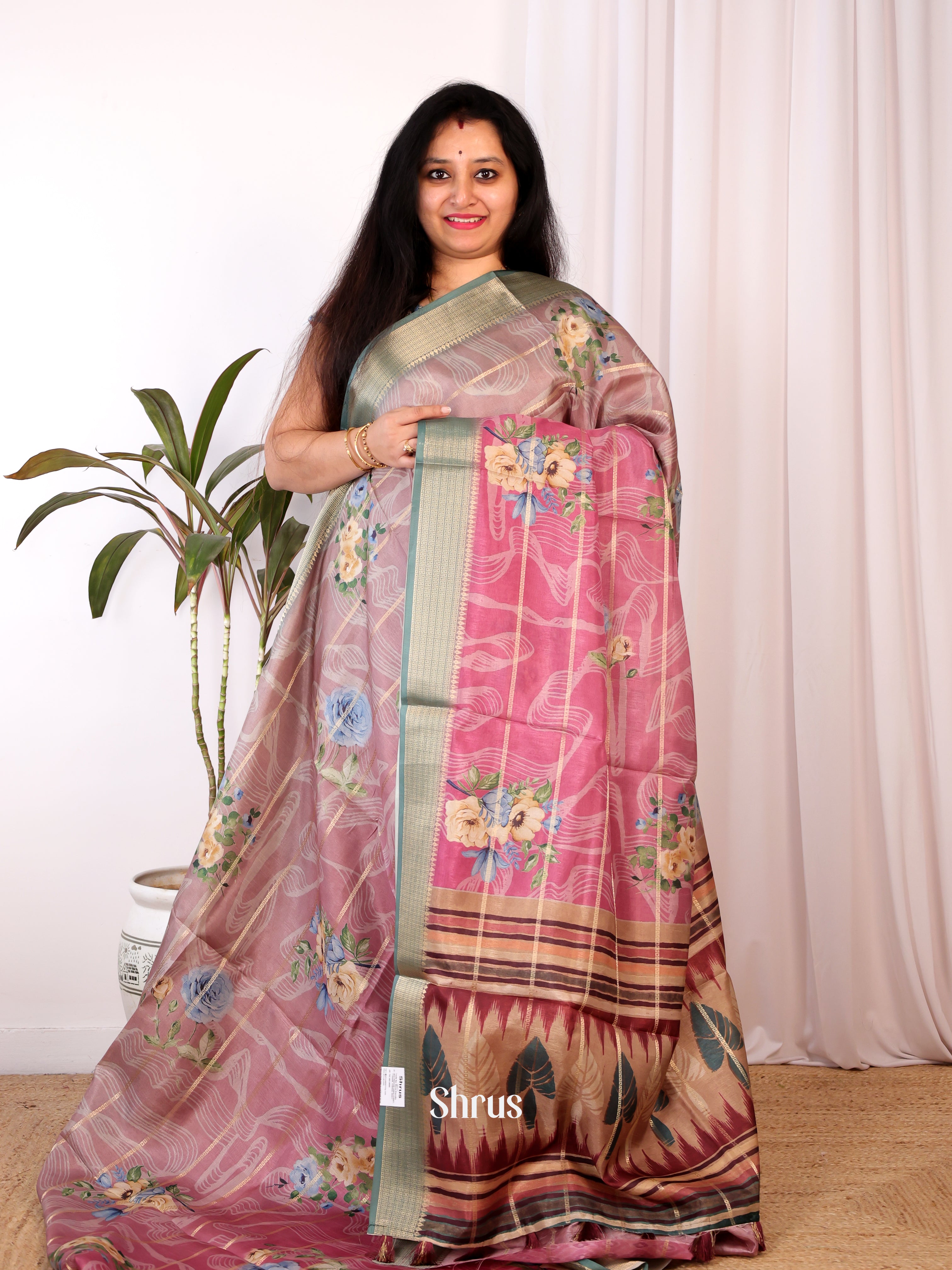 Pink & Green - Semi Chanderi Saree - Shop on Shrus.com