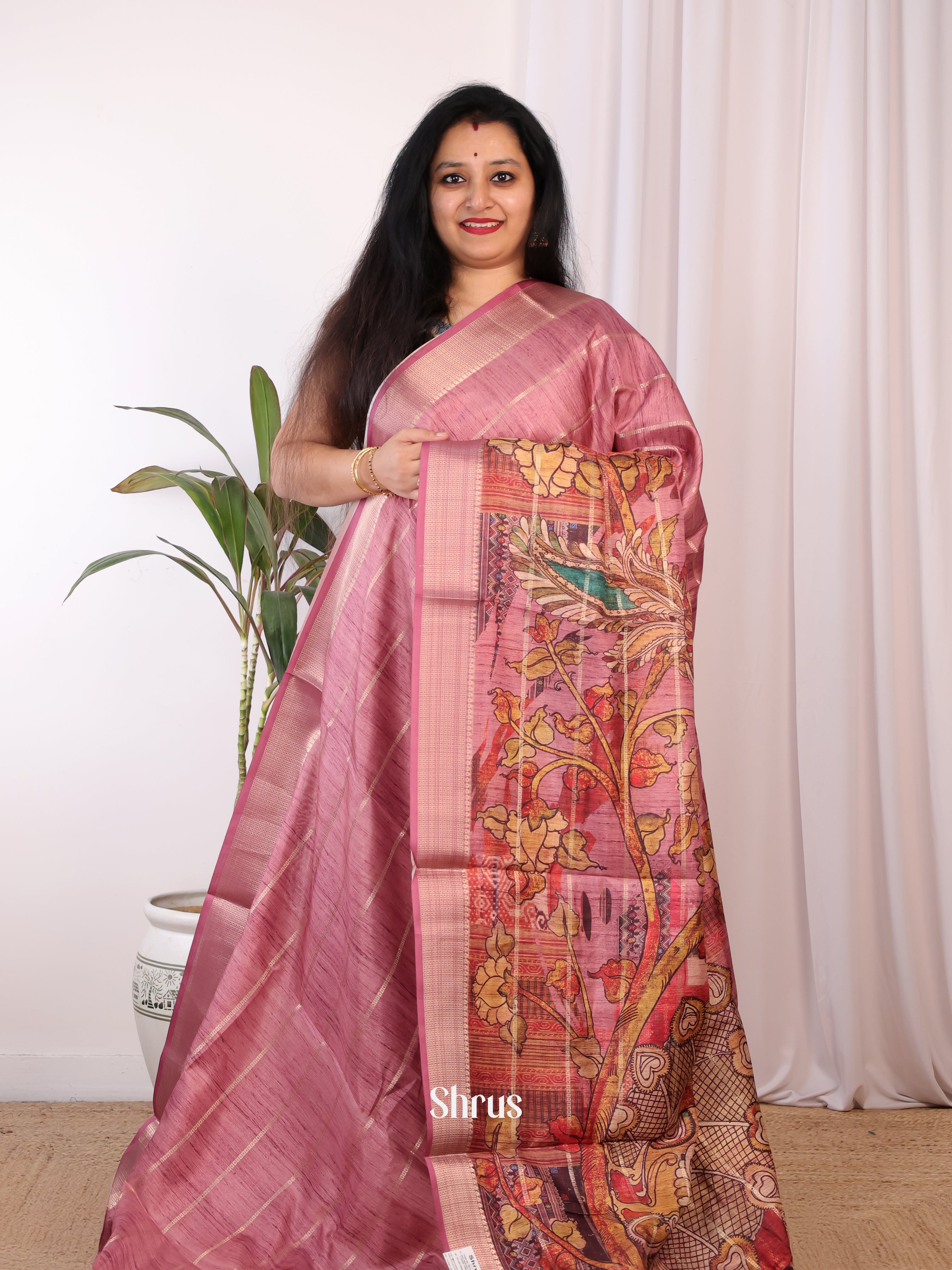 Pink - Semi Chanderi Saree - Shop on Shrus.com