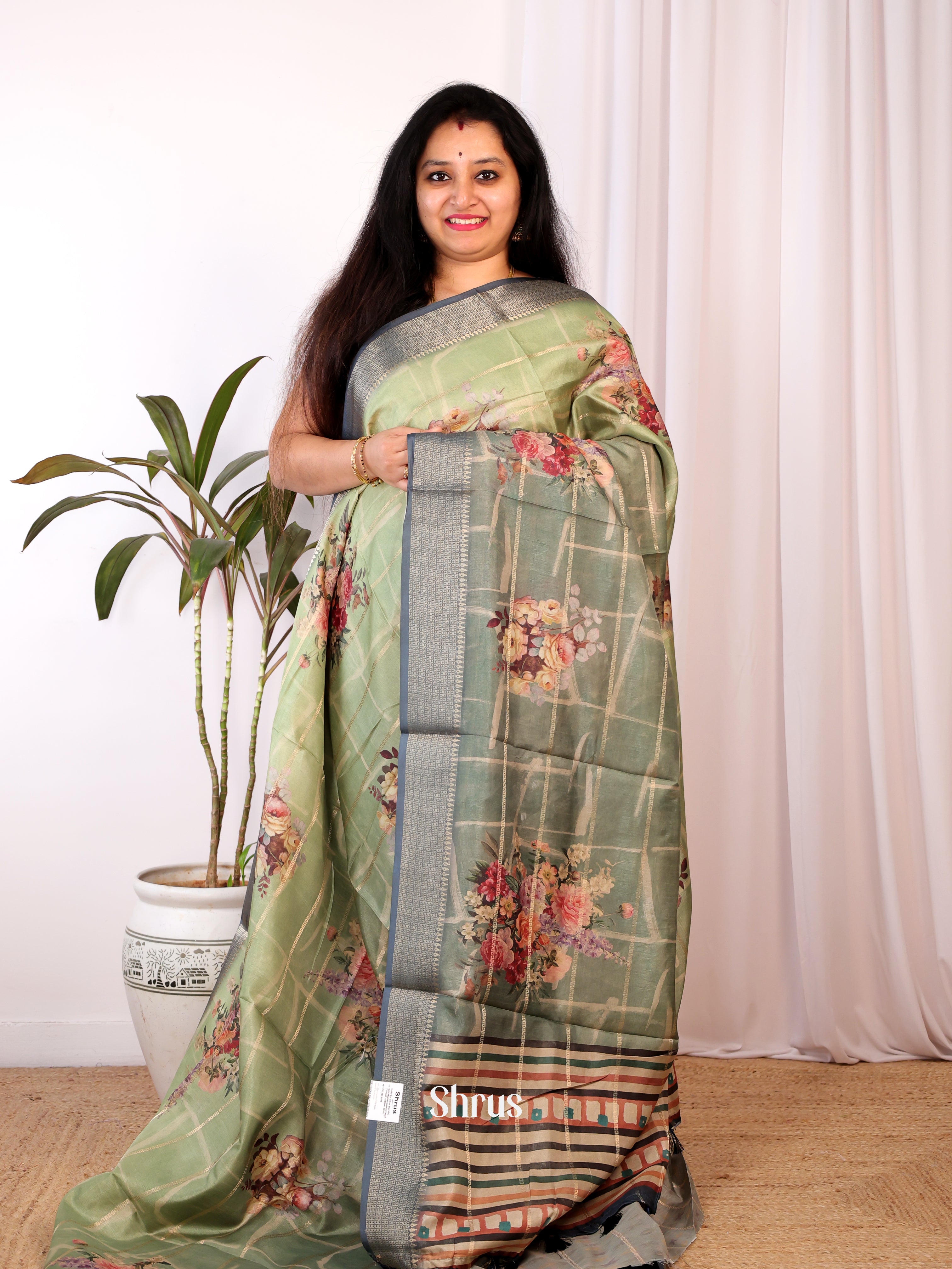 Green & Grey - Semi Chanderi Saree - Shop on Shrus.com