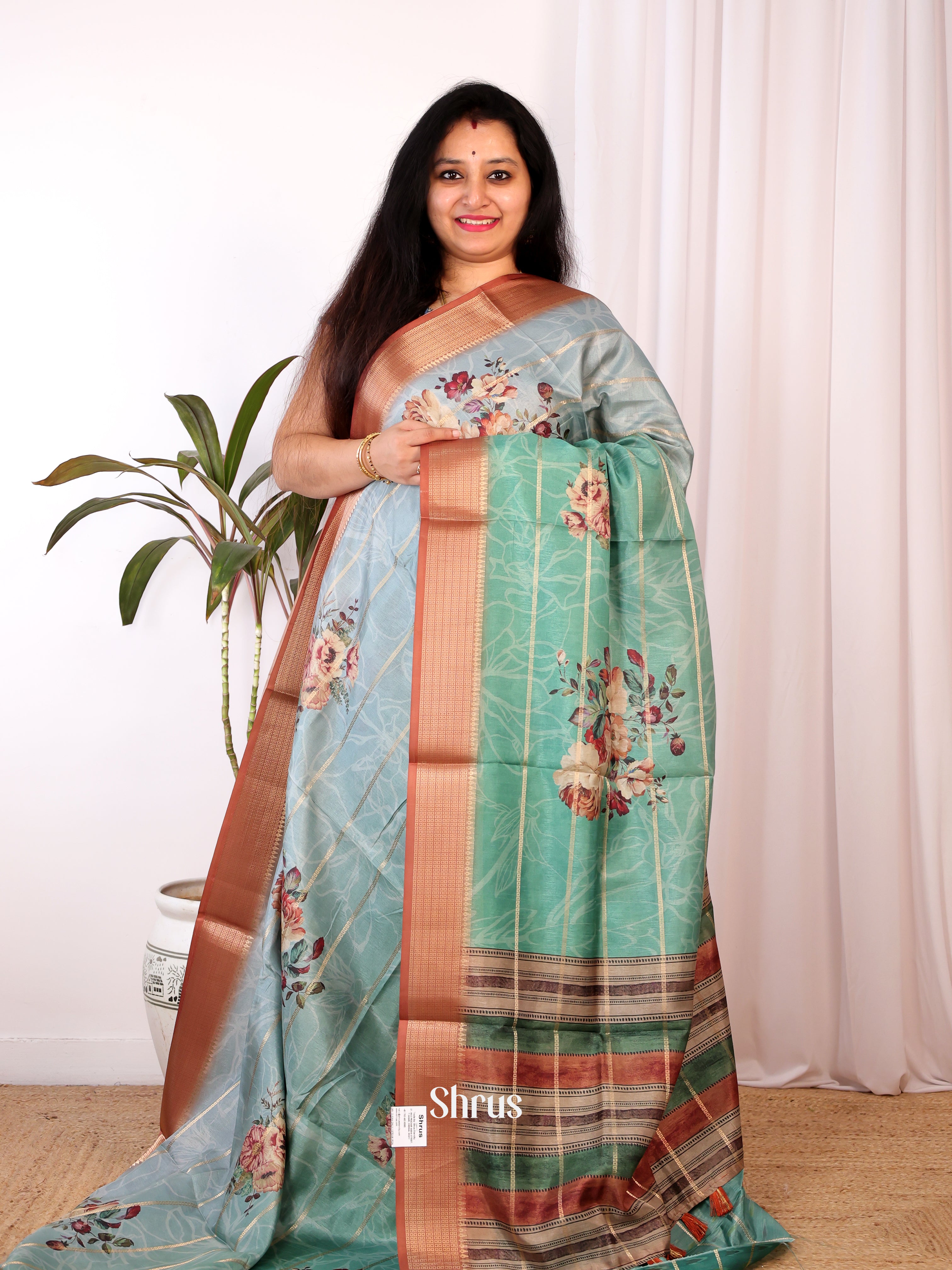 Blue & Green- Semi Chanderi Saree - Shop on Shrus.com