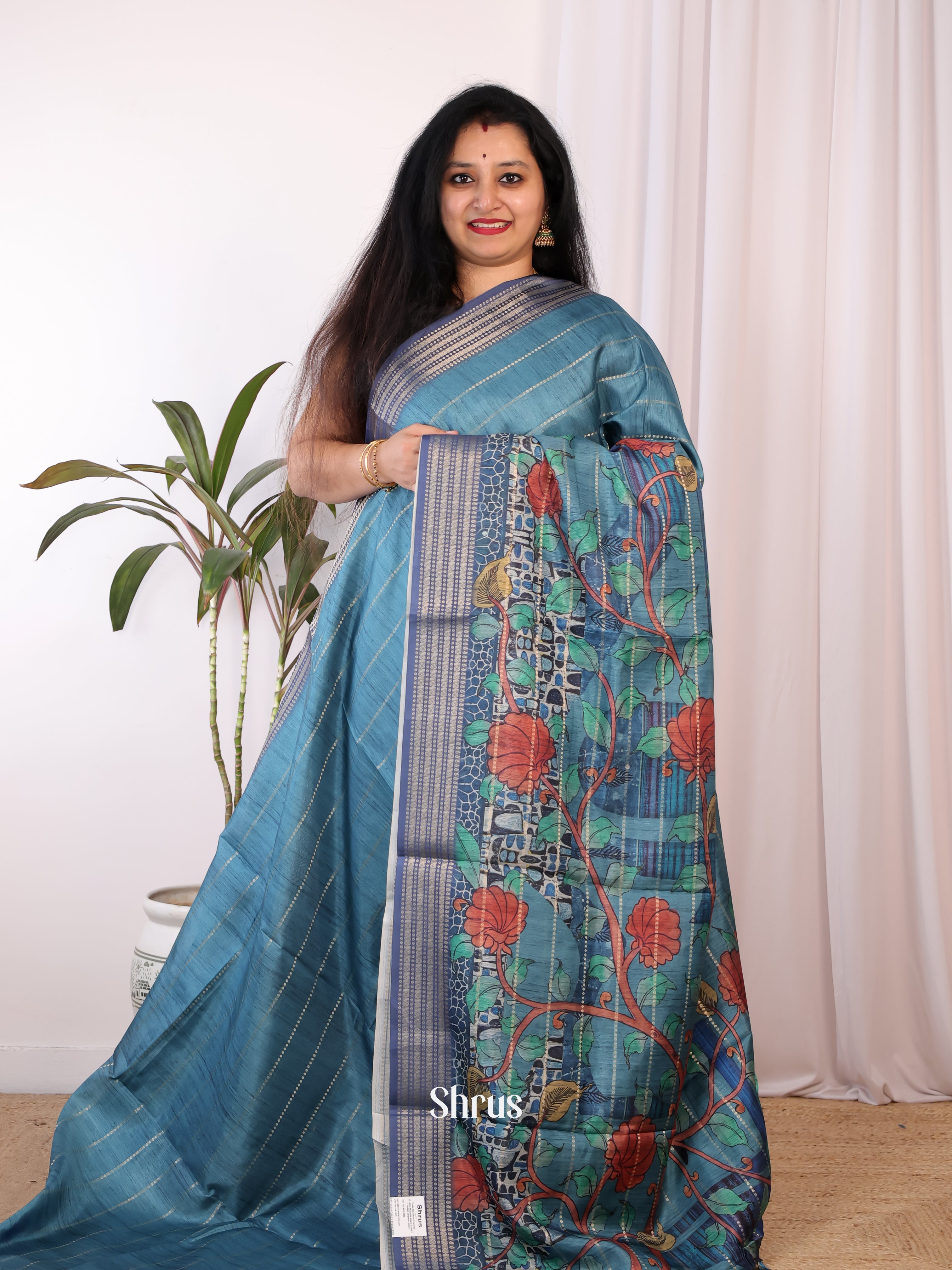 Blue - Semi Chanderi Saree - Shop on Shrus.com
