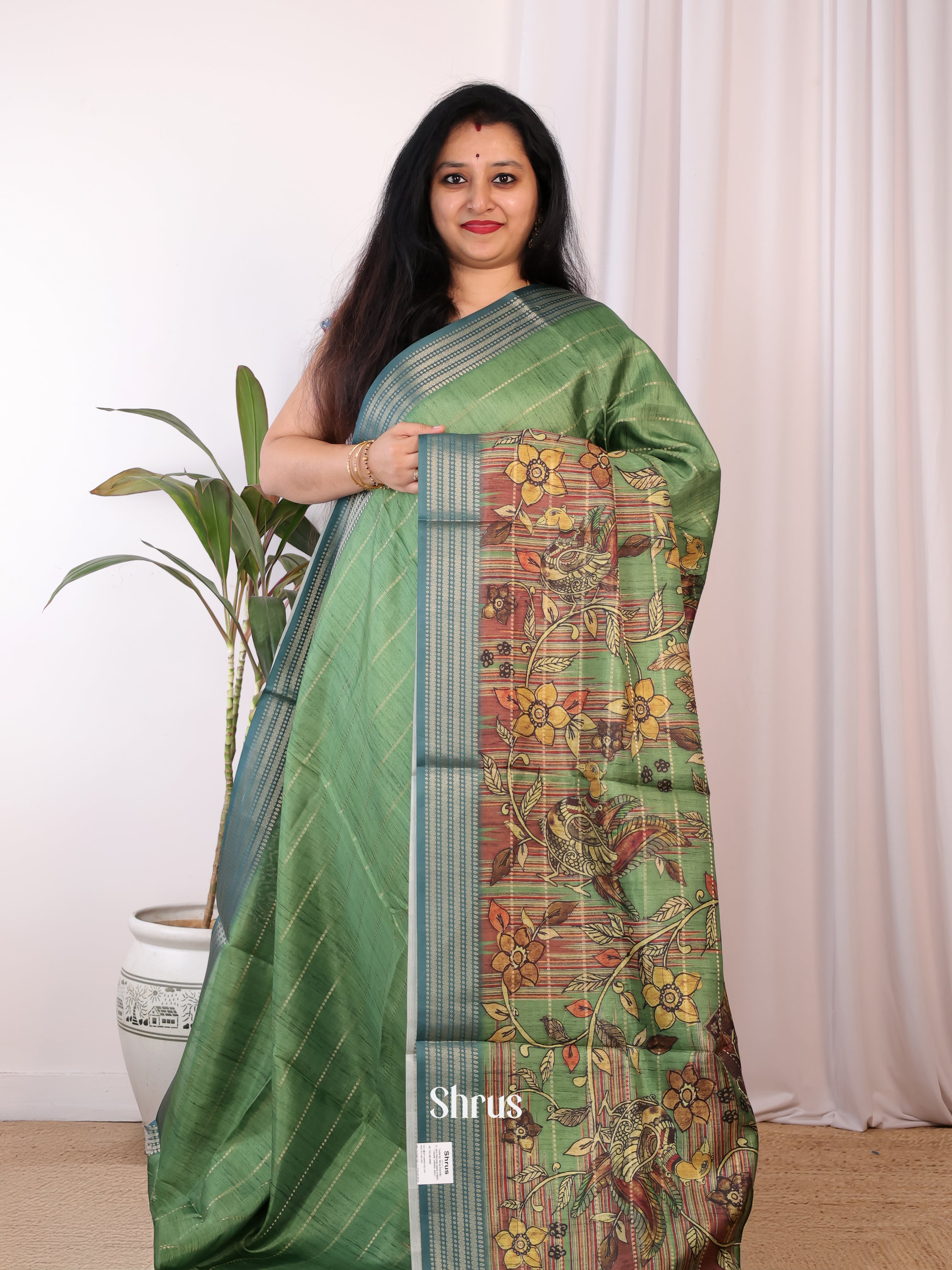 Green & Blue - Semi Chanderi Saree - Shop on Shrus.com