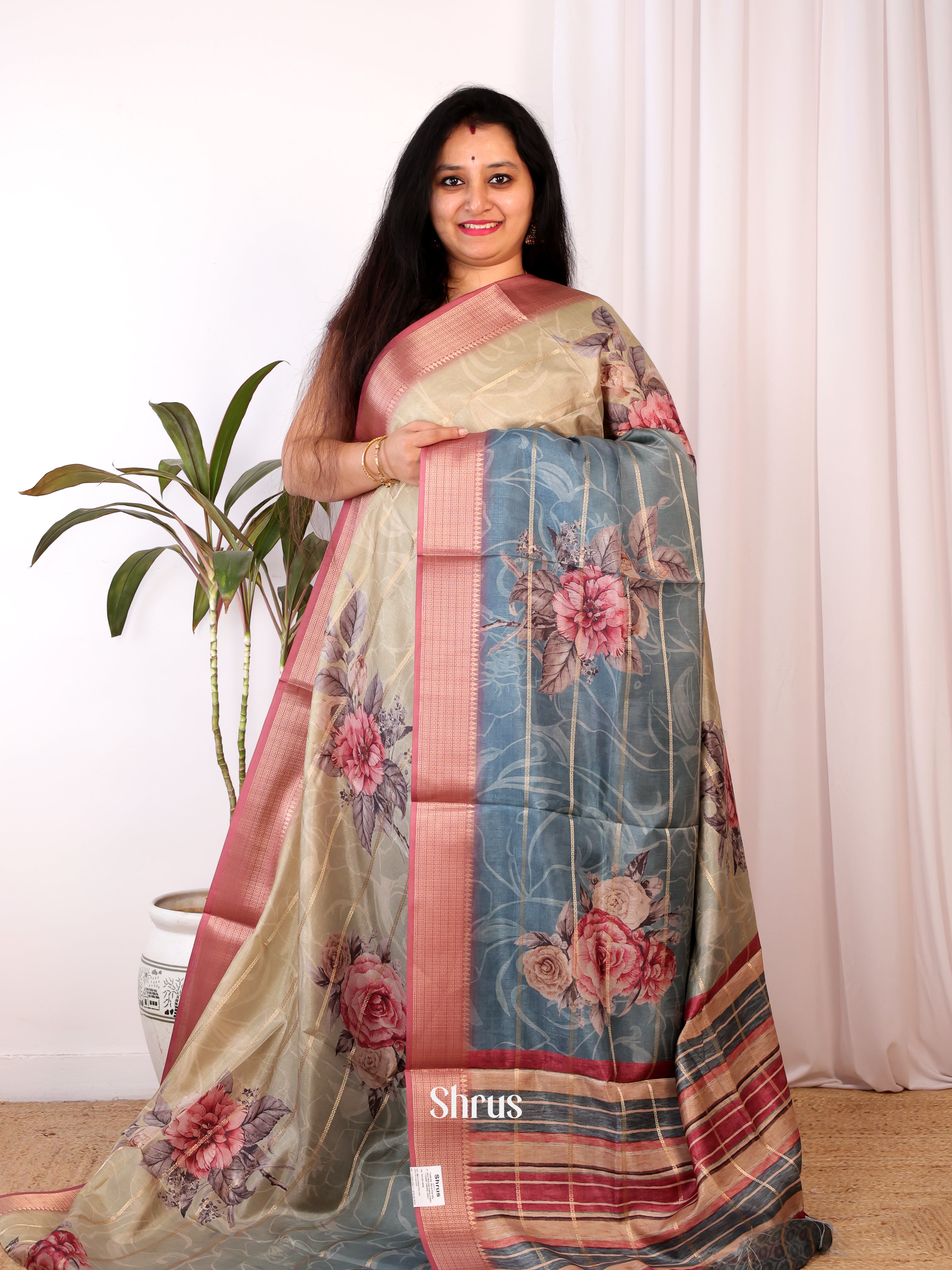Beige & Blue - Semi Chanderi Saree - Shop on Shrus.com