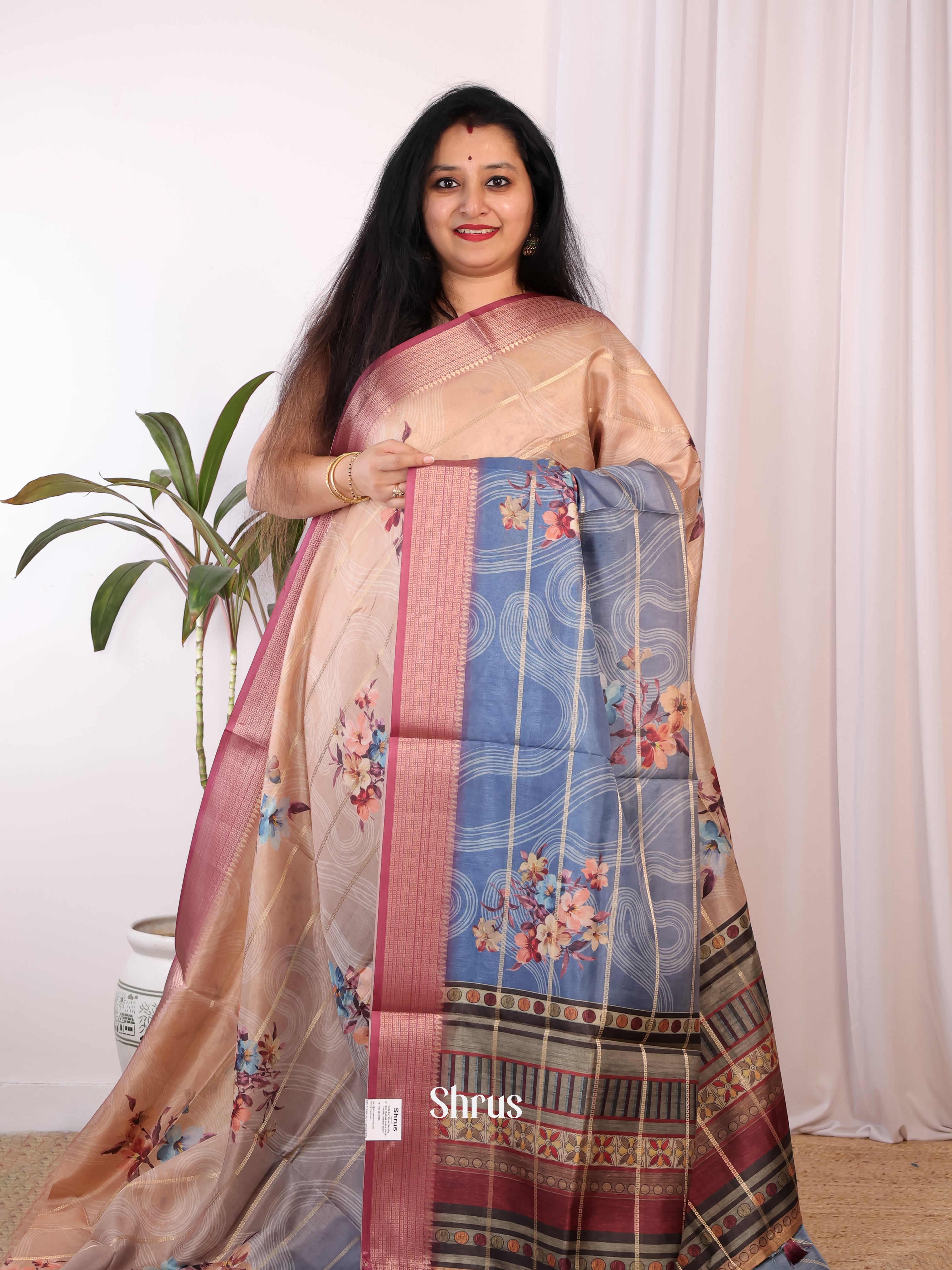 Dusty Brown & Blue- Semi Chanderi Saree - Shop on Shrus.com
