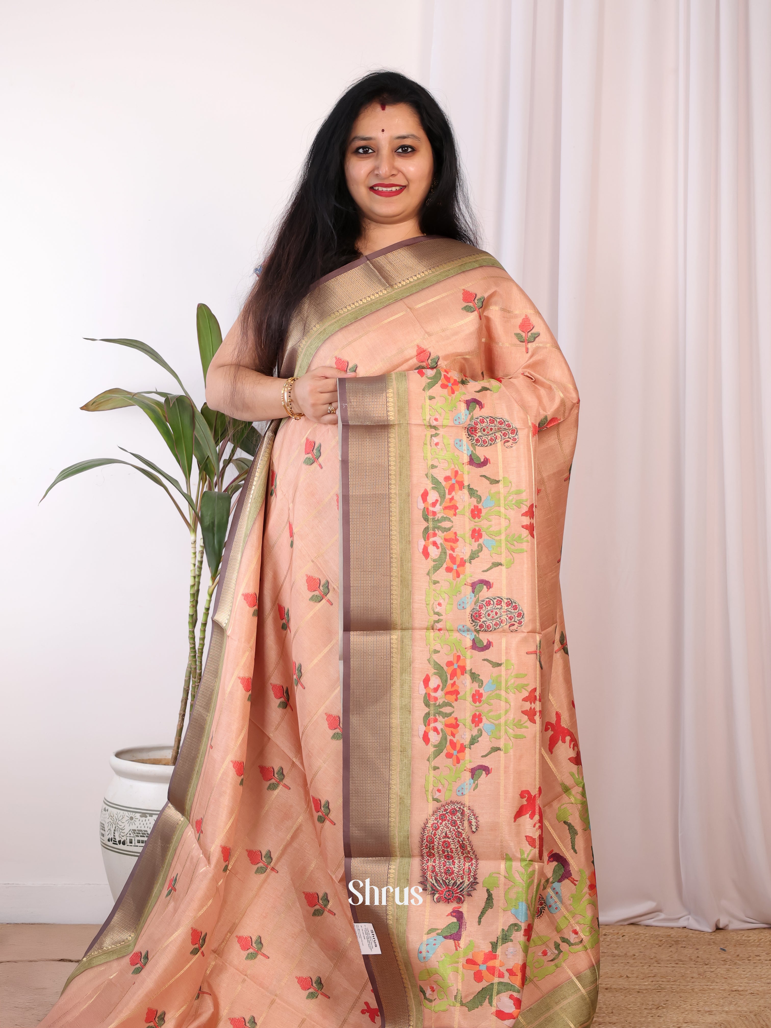 Peach & Brown - Semi Chanderi Saree - Shop on Shrus.com