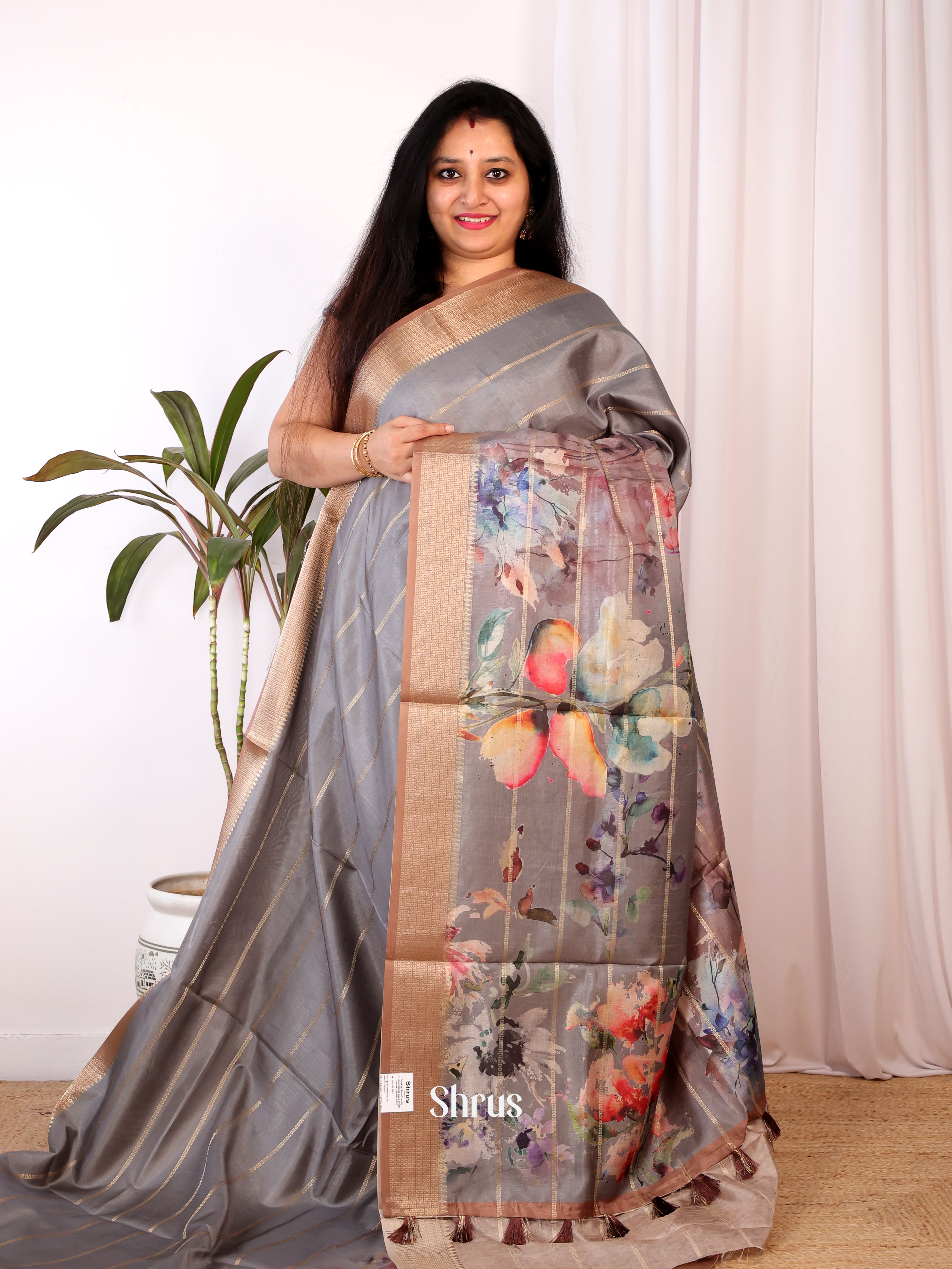 Grey & Brown - Semi Chanderi Saree - Shop on Shrus.com