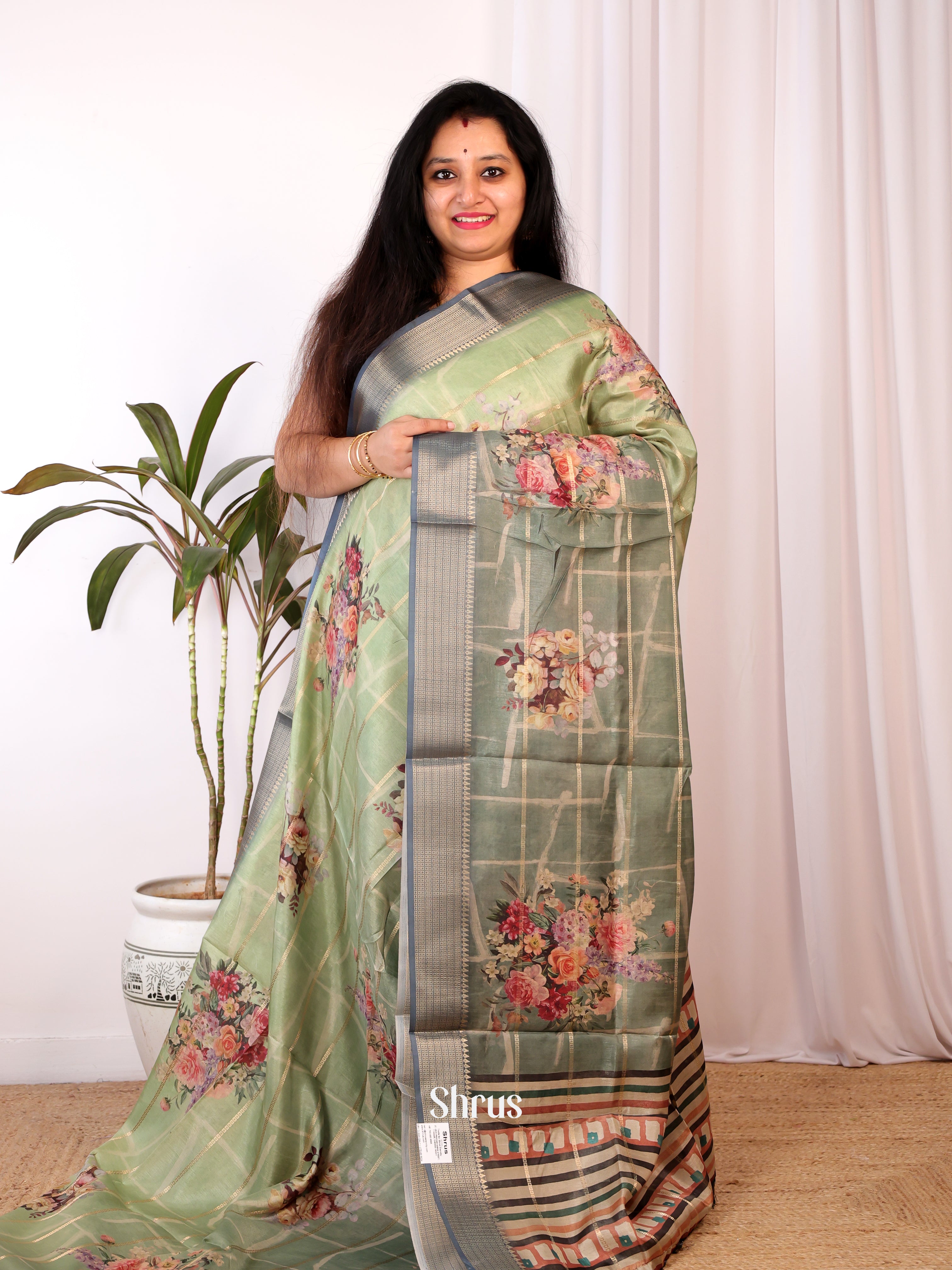 Green - Semi Chanderi Saree - Shop on Shrus.com