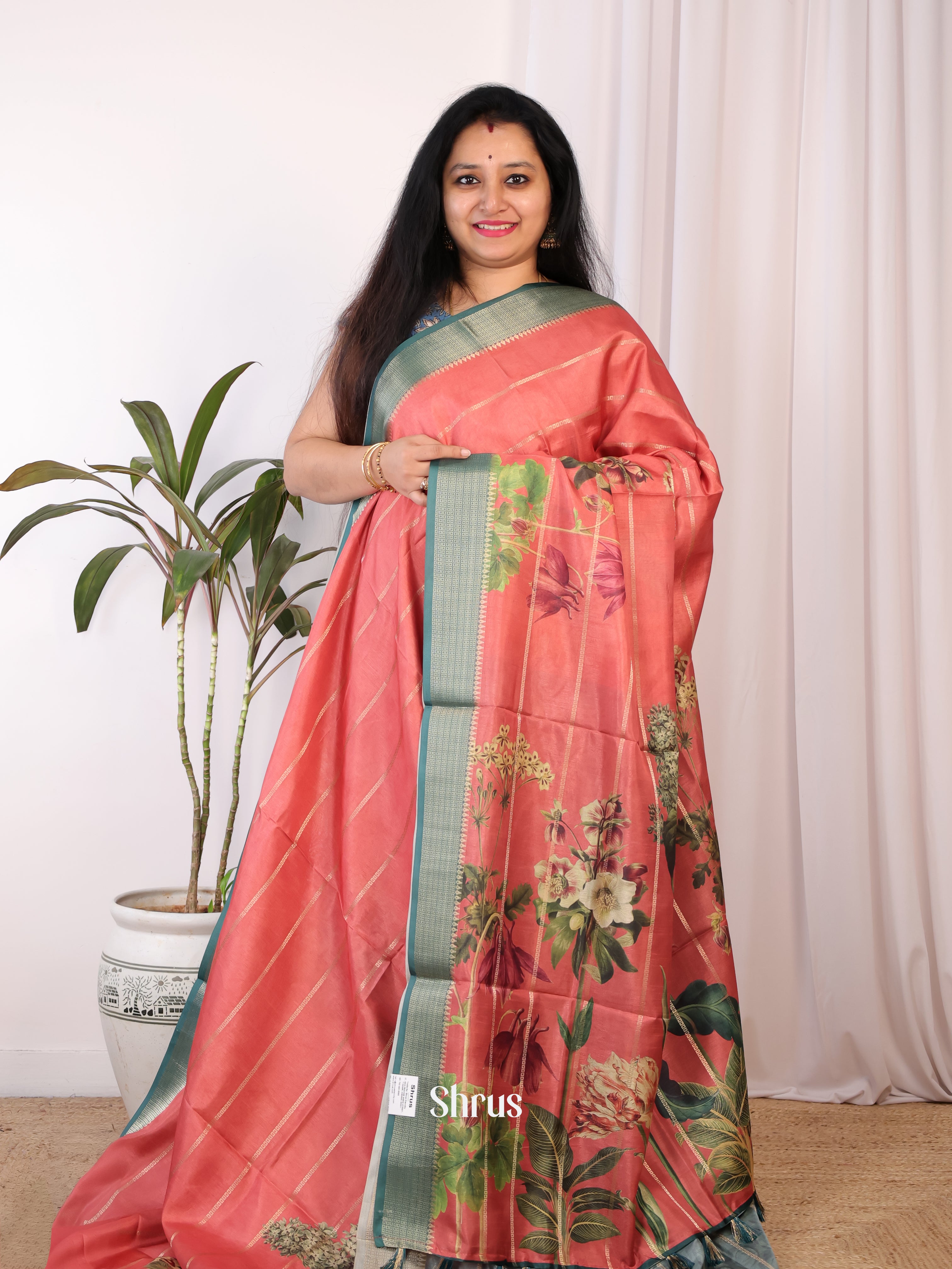 Pink & Blue - Semi Chanderi Saree - Shop on Shrus.com