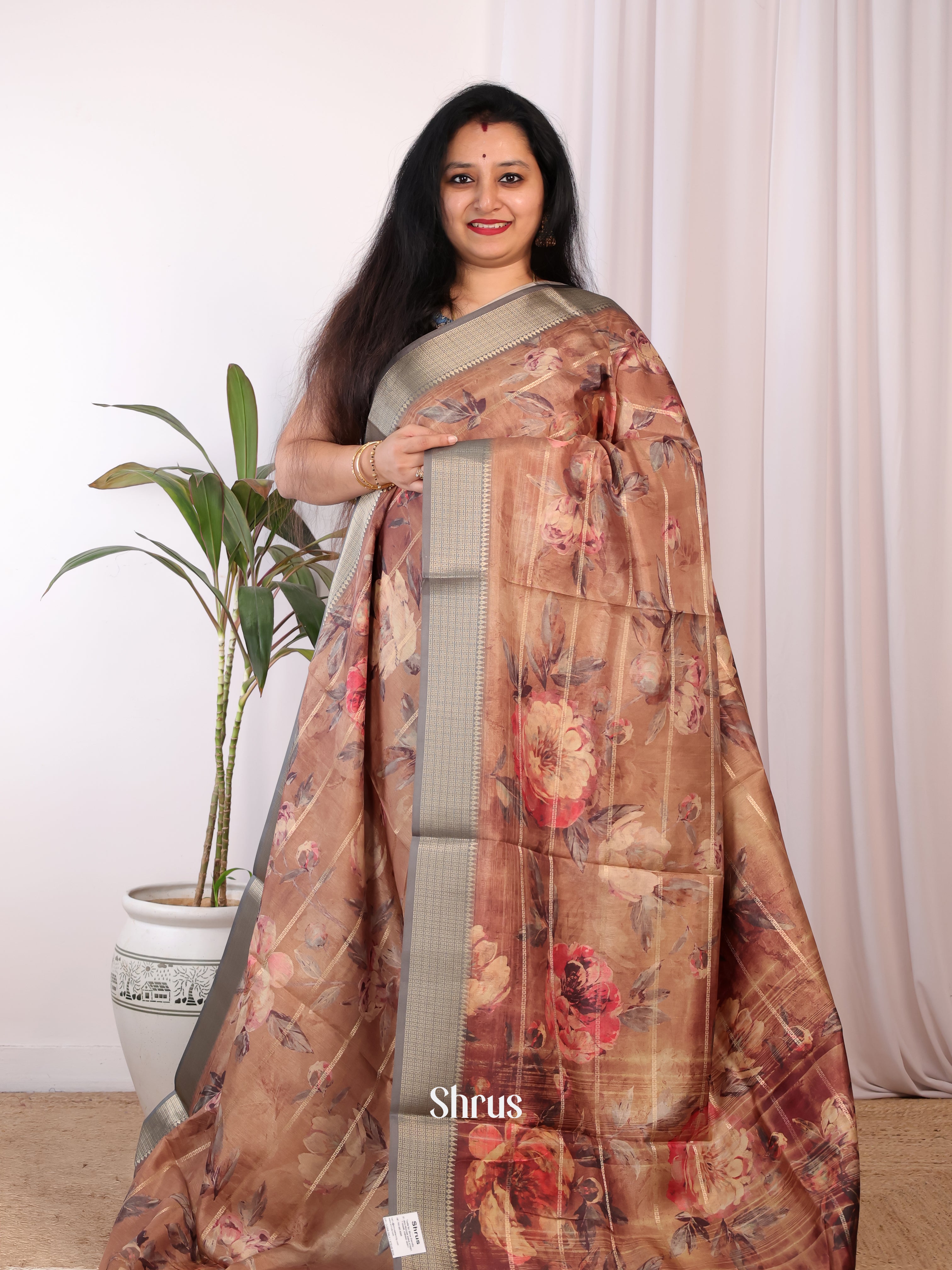 Brown & Grey - Semi Chanderi Saree - Shop on Shrus.com