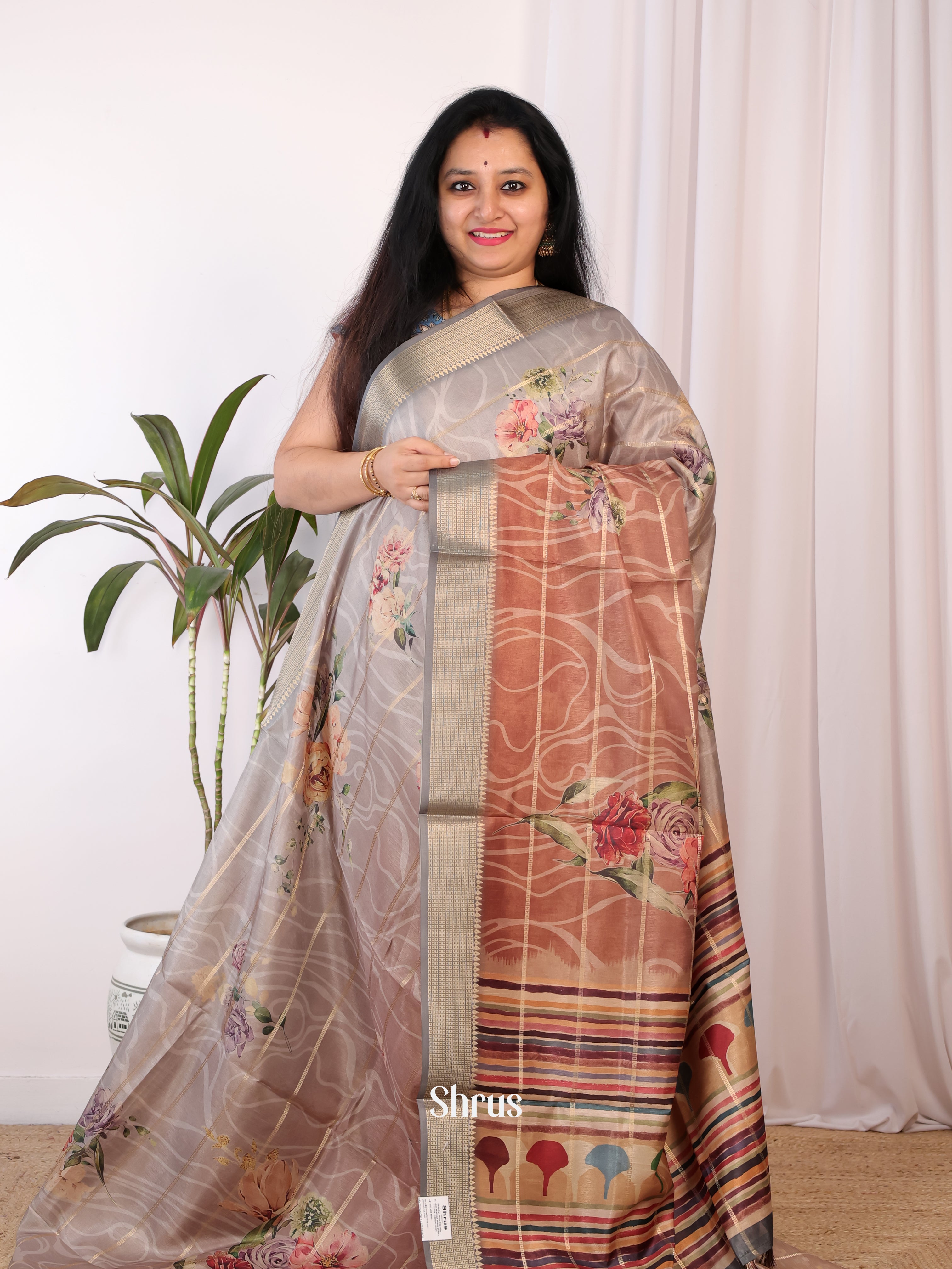 Grey & Brown- Semi Chanderi Saree - Shop on Shrus.com