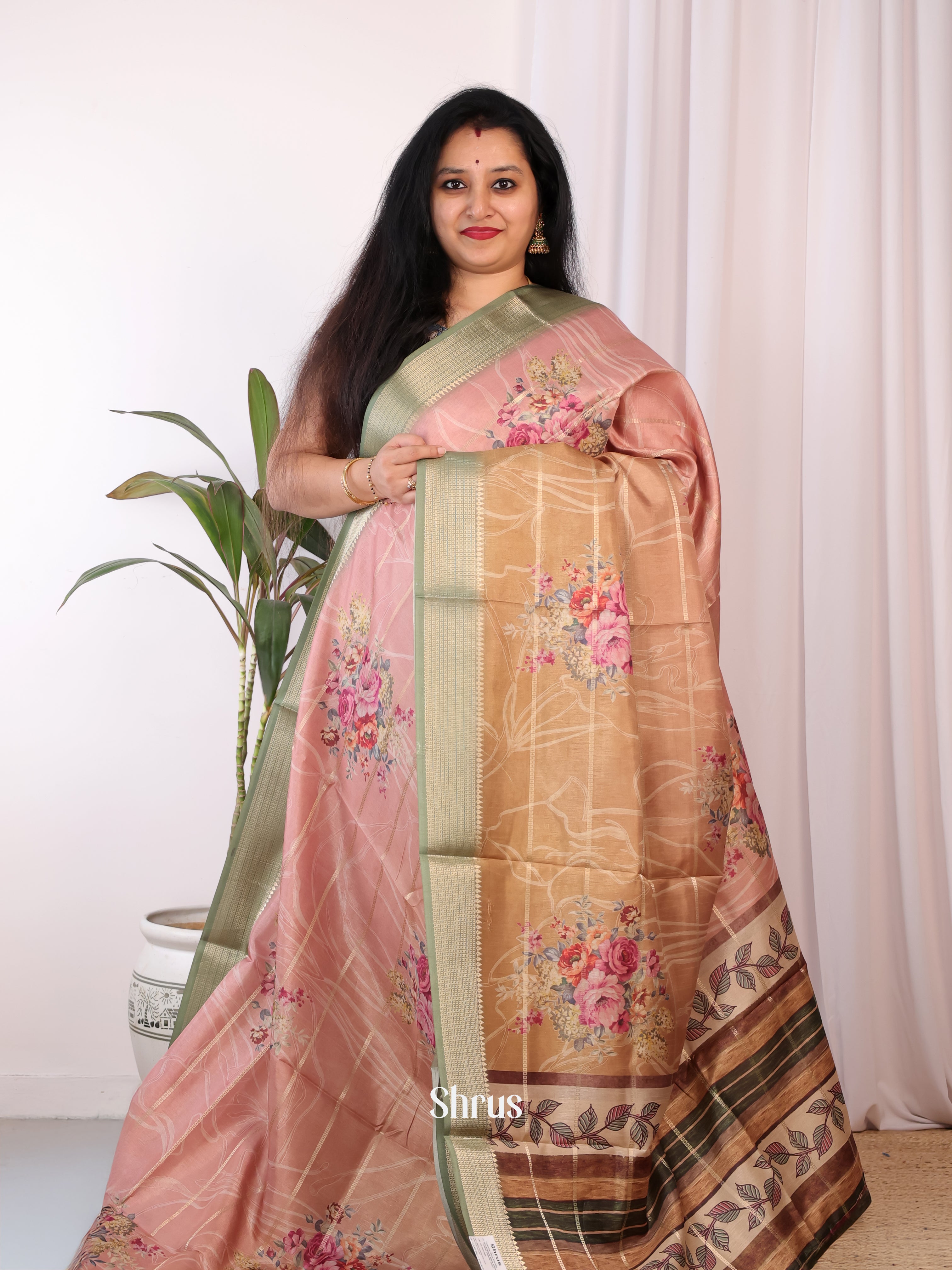 Pink & Brown - Semi Chanderi Saree - Shop on Shrus.com