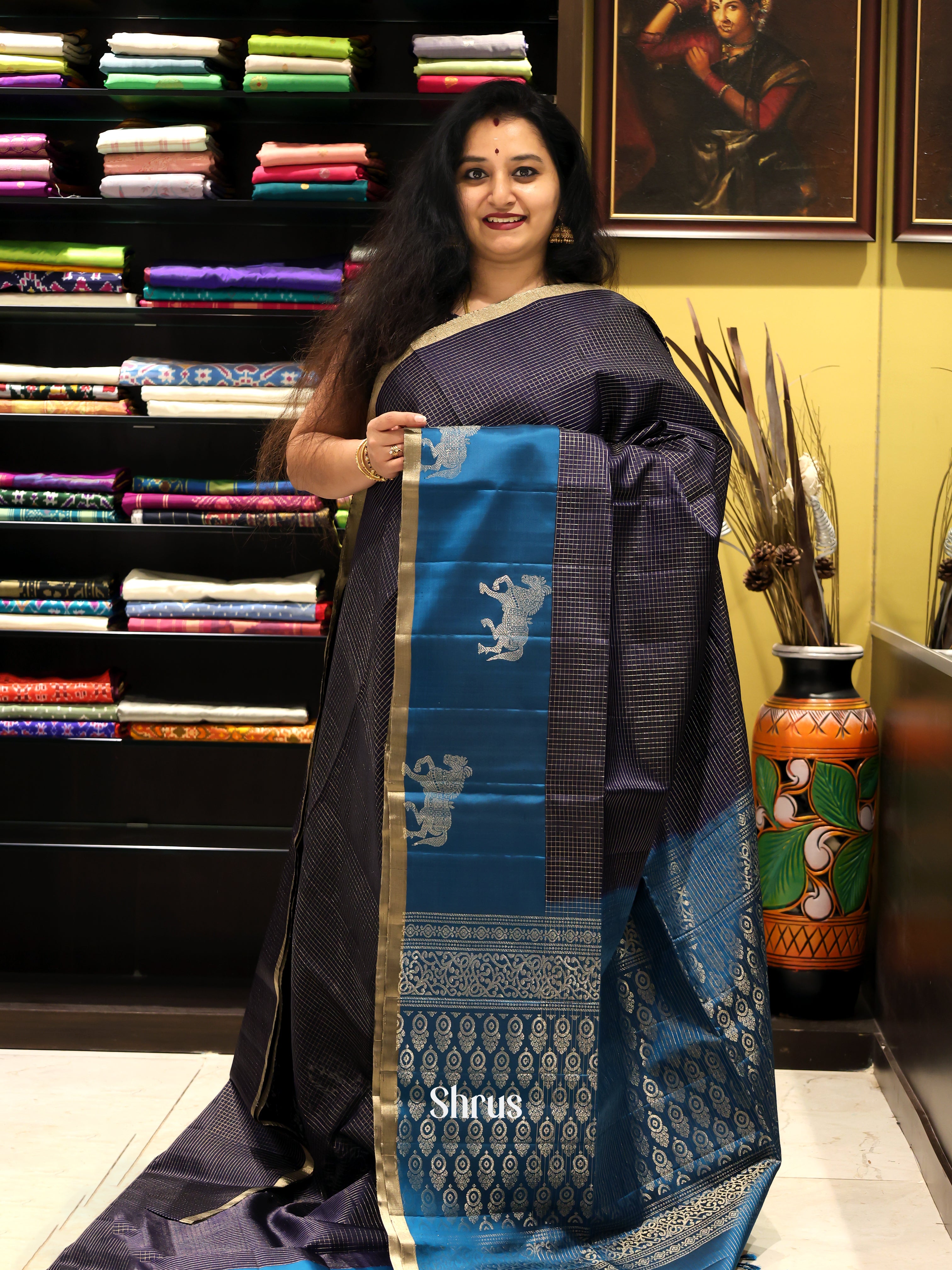 Violet & Peacock Blue - Soft Silk Saree - Shop on Shrus.com