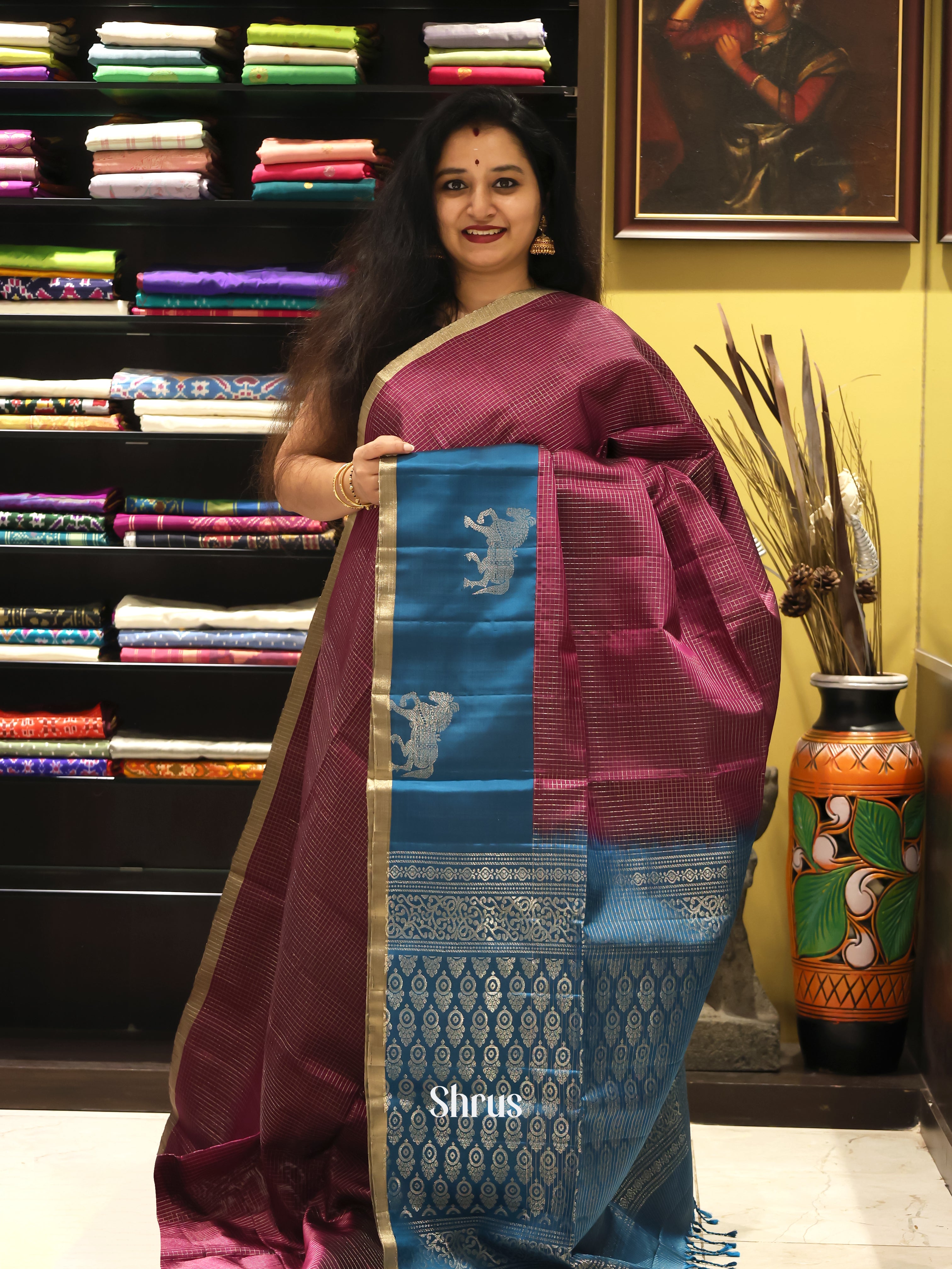 Maroon & Blue - Soft Silk Saree - Shop on Shrus.com