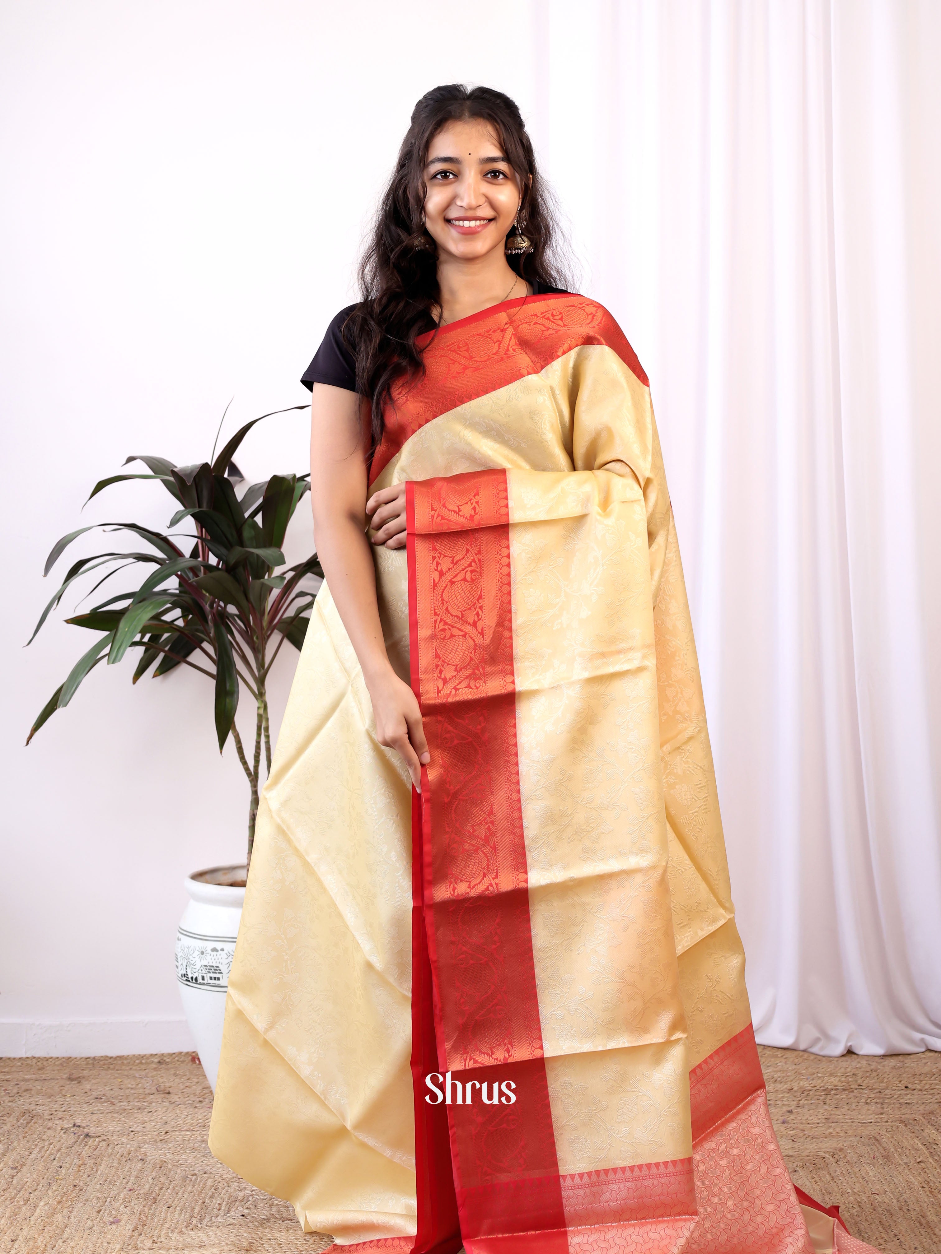 Cream & Red - Tanchoi Saree - Shop on Shrus.com