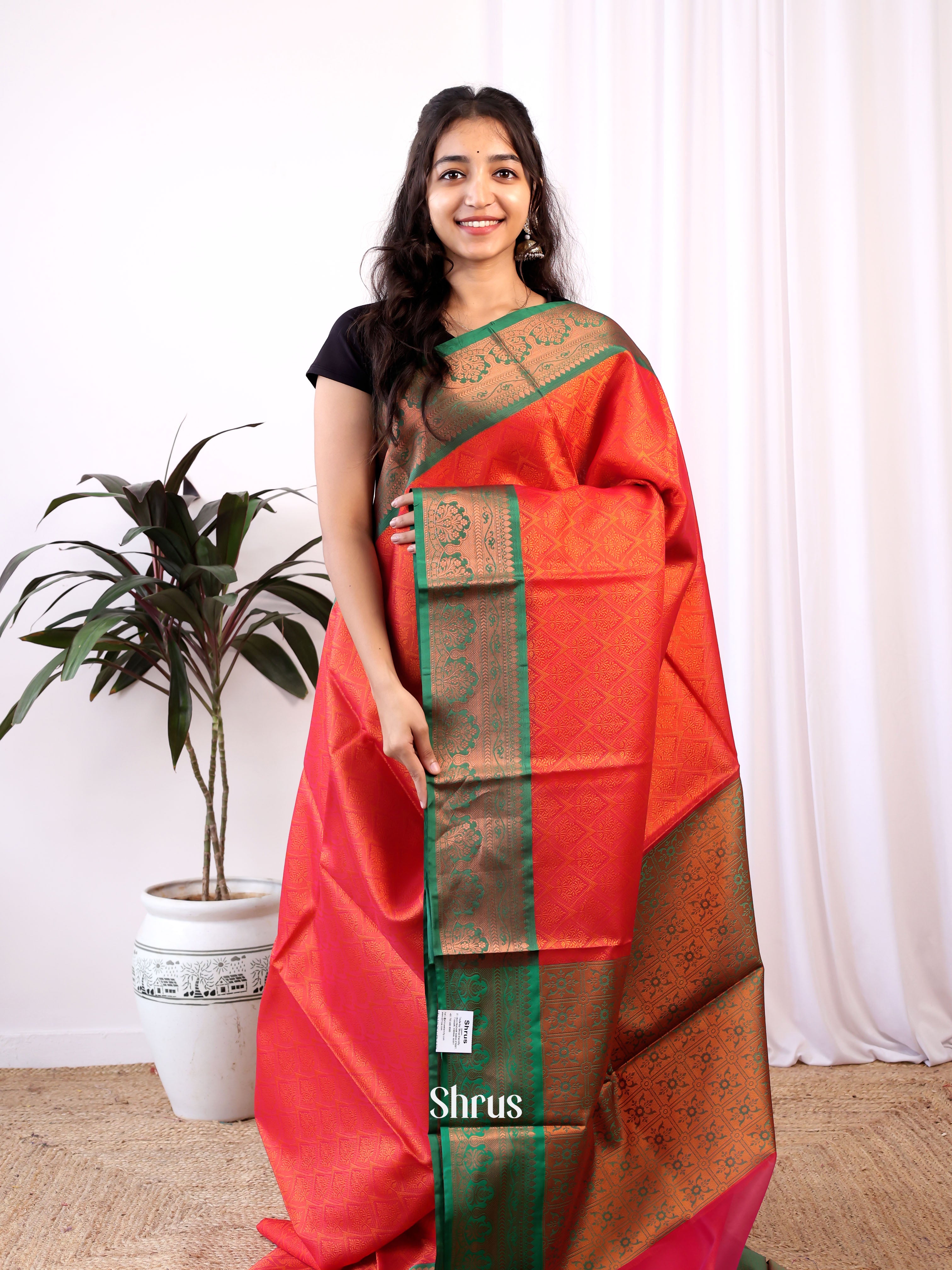 Red & Green - Tanchoi Saree - Shop on Shrus.com