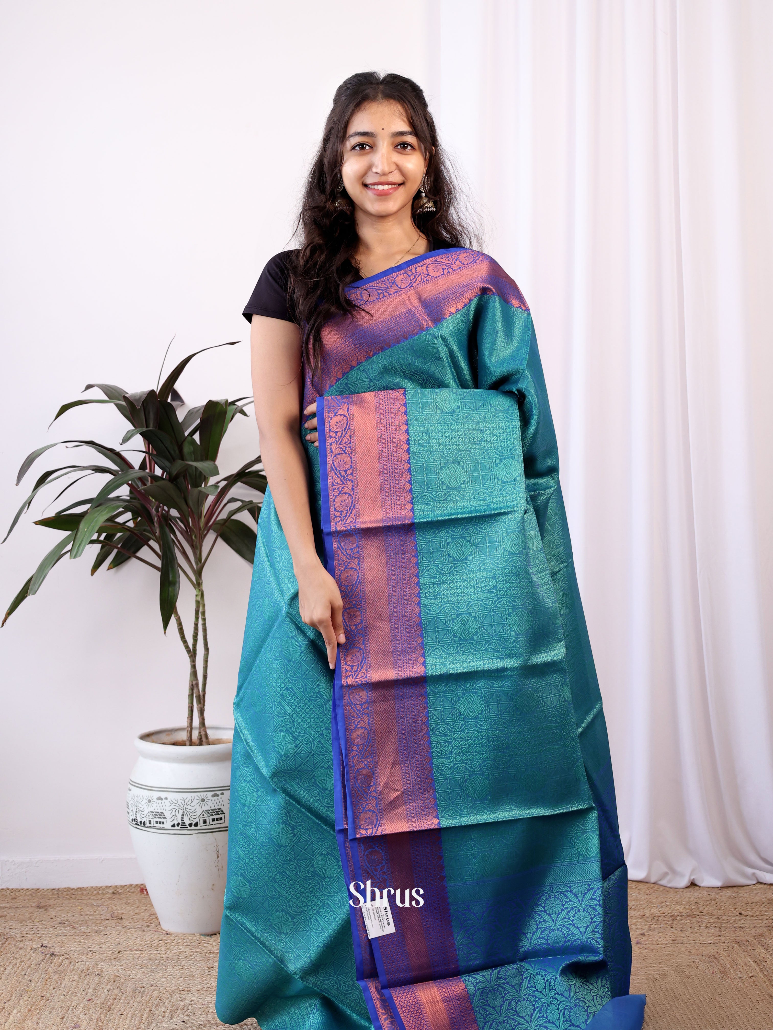 Teal & Blue - Tanchoi Saree - Shop on Shrus.com