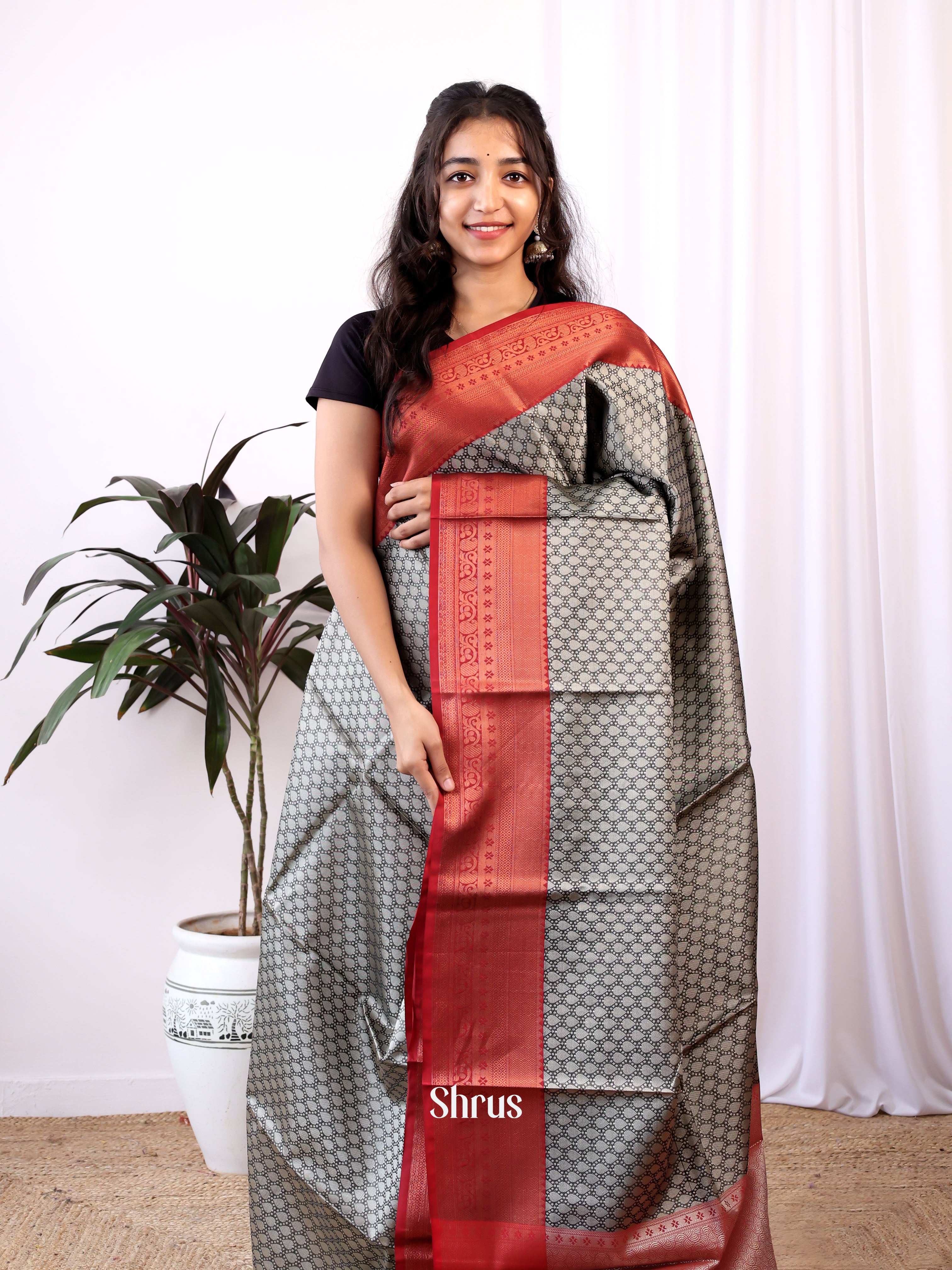 Grey & Maroon - Tanchoi Saree - Shop on Shrus.com