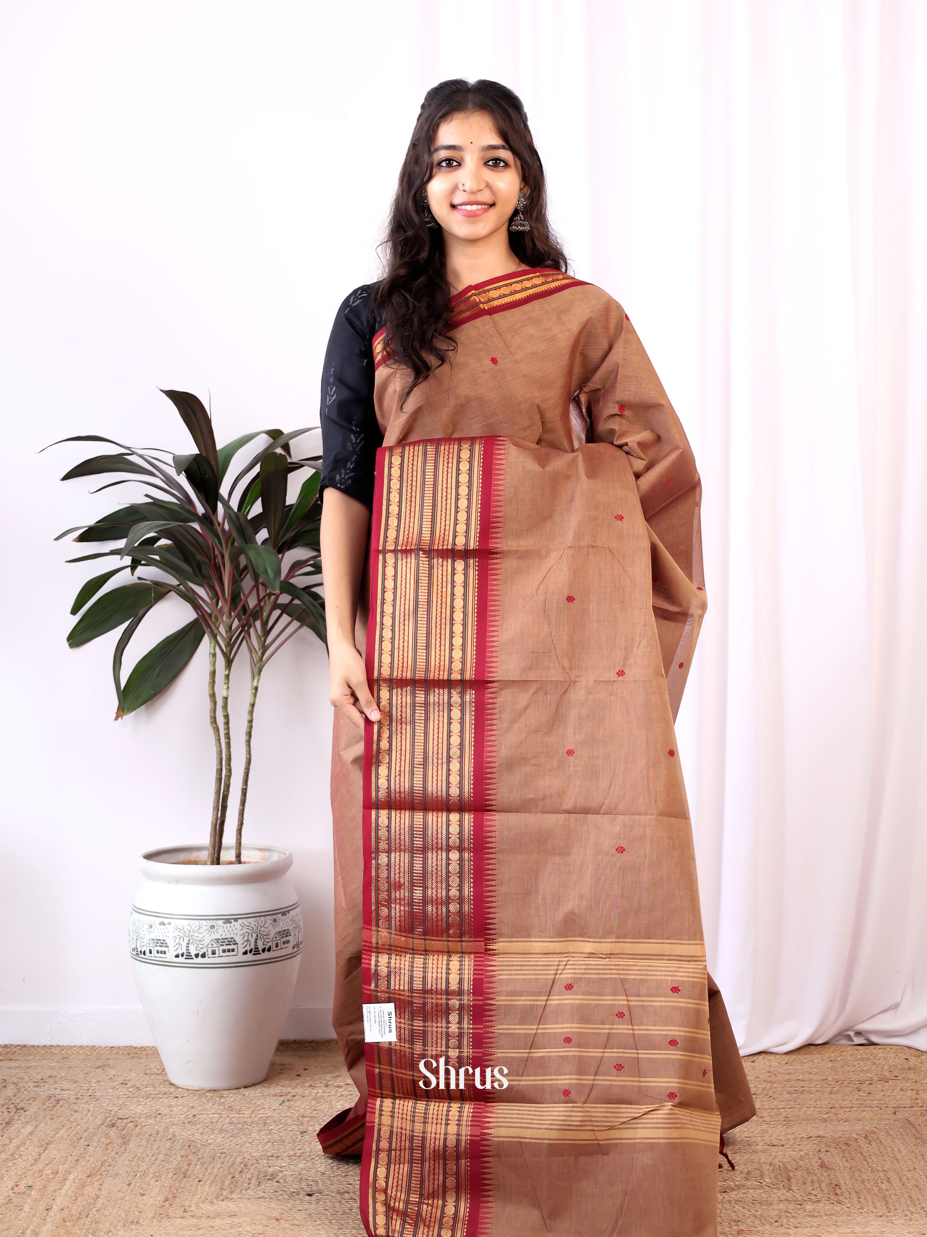 Brown & Red - Chettinad Cotton Saree - Shop on Shrus.com