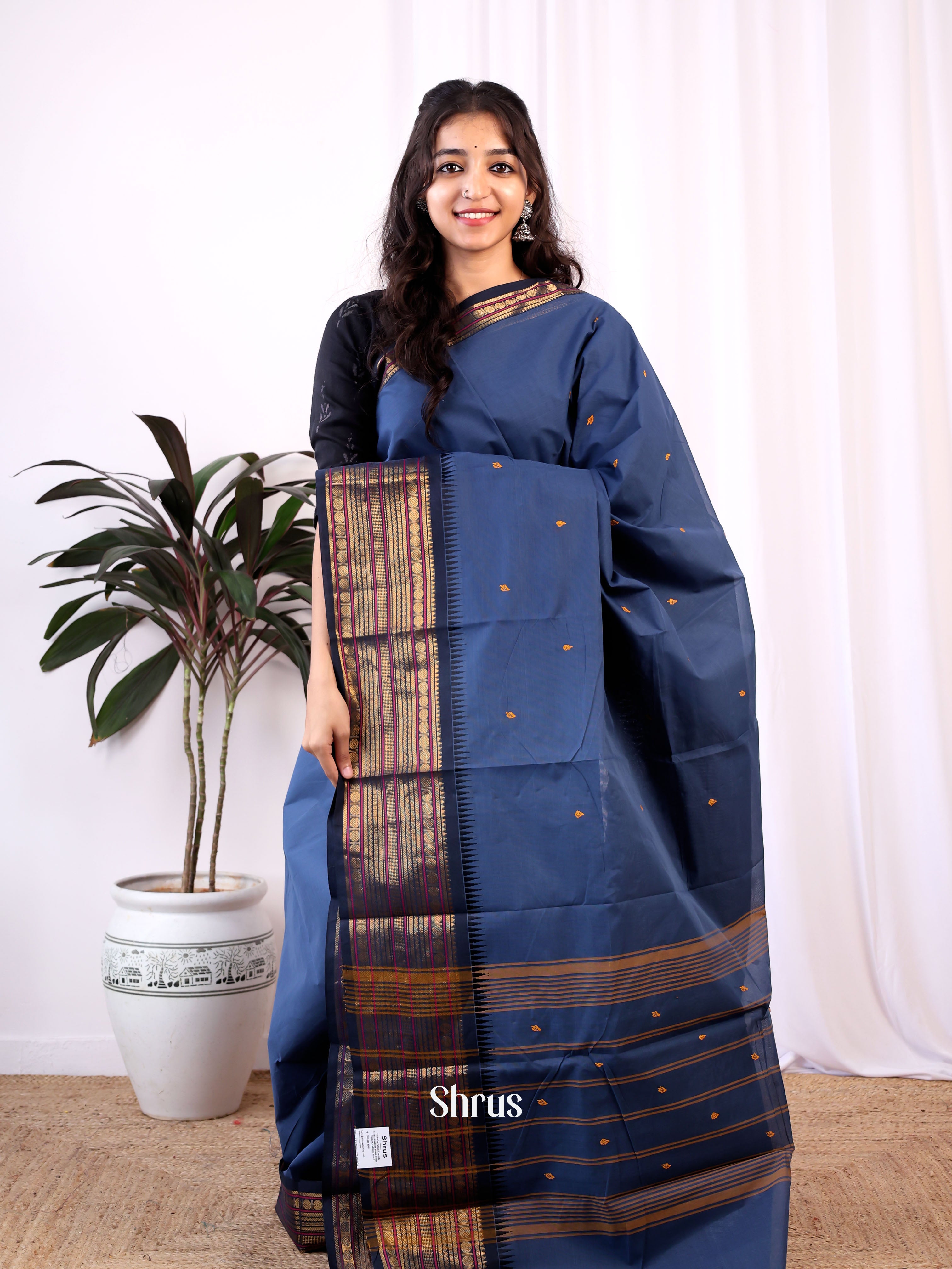 Blue & Black- Chettinad Cotton Saree - Shop on Shrus.com