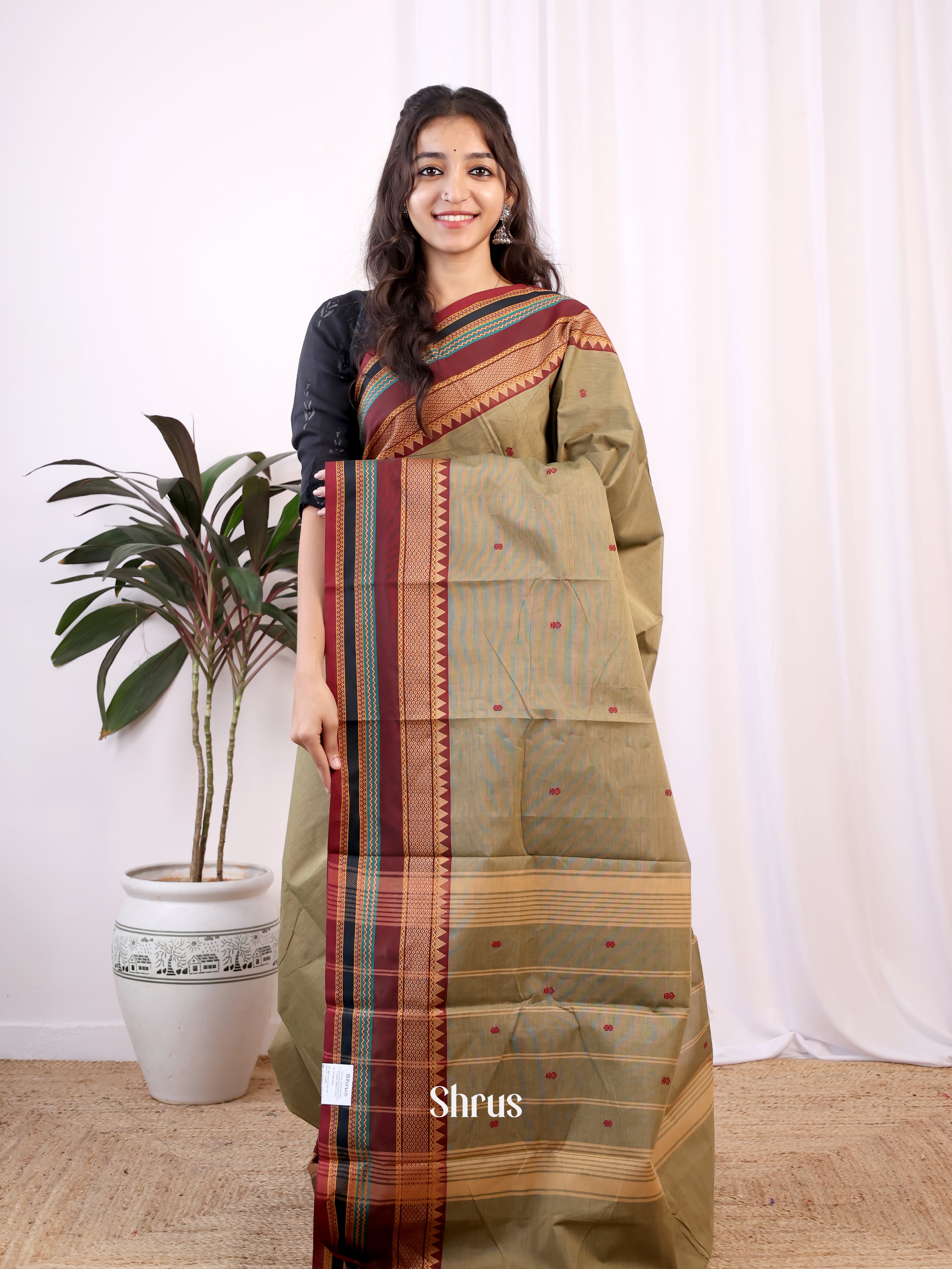 Grey & Brown - Chettinad Cotton Saree - Shop on Shrus.com