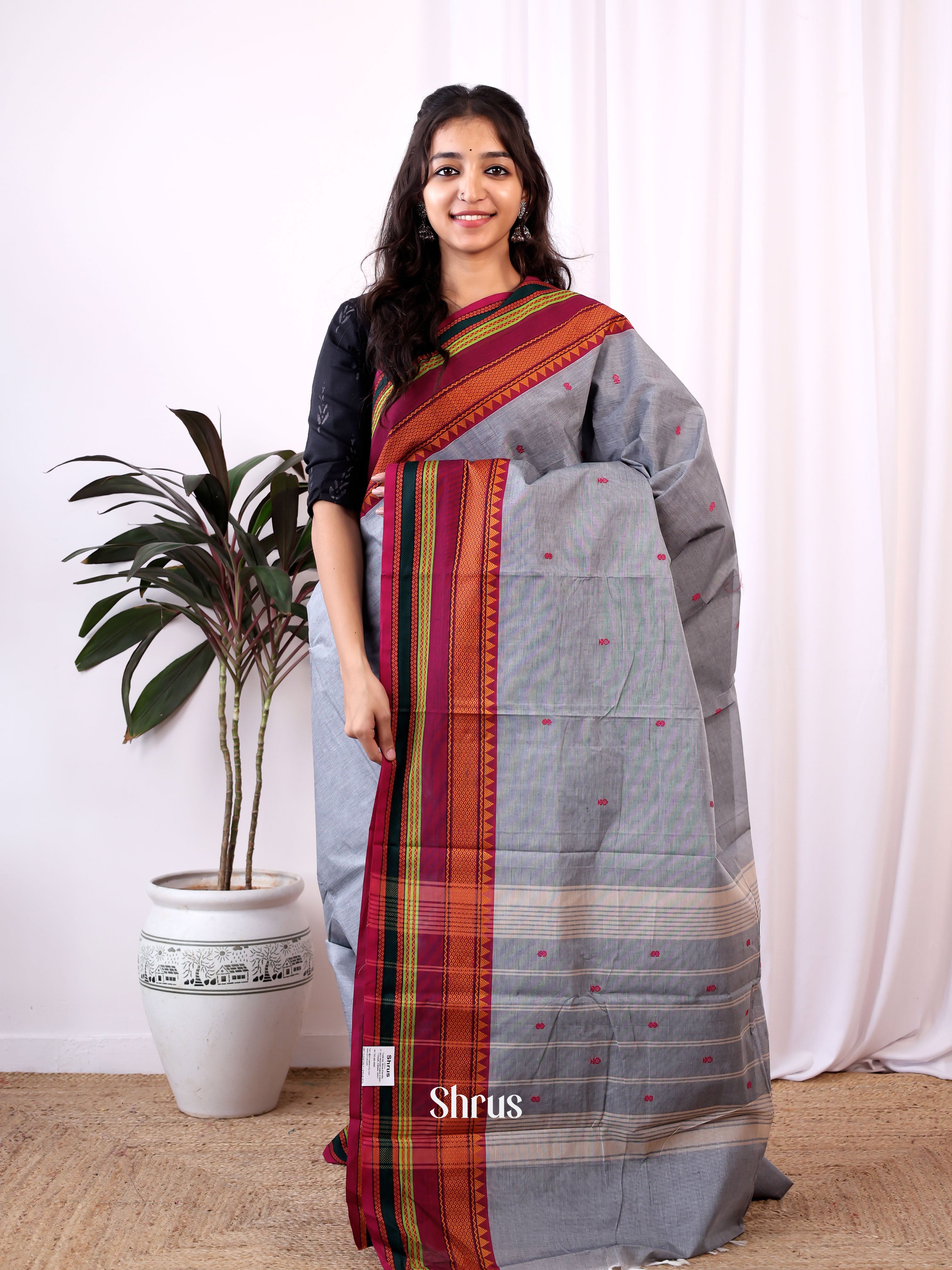 Grey & Maroon - Chettinad Cotton Saree - Shop on Shrus.com