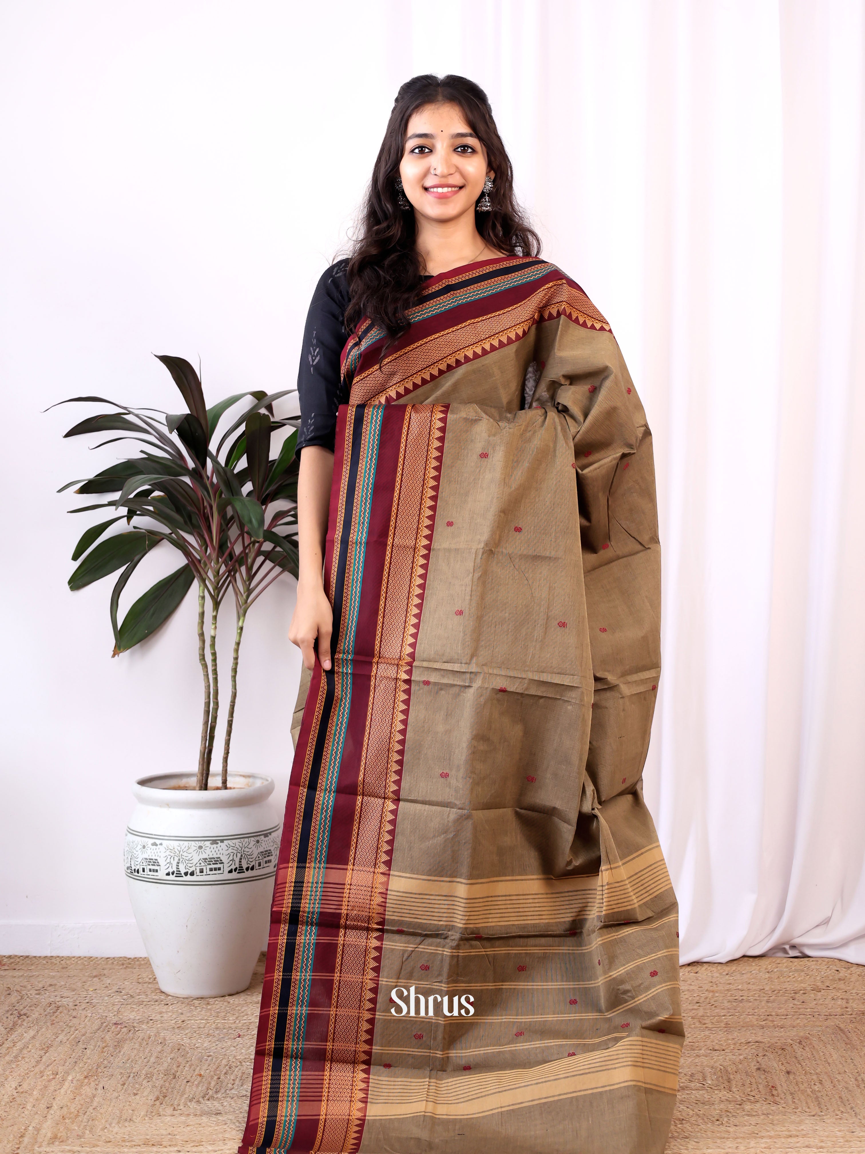Grey & Brown - Chettinad Cotton Saree - Shop on Shrus.com