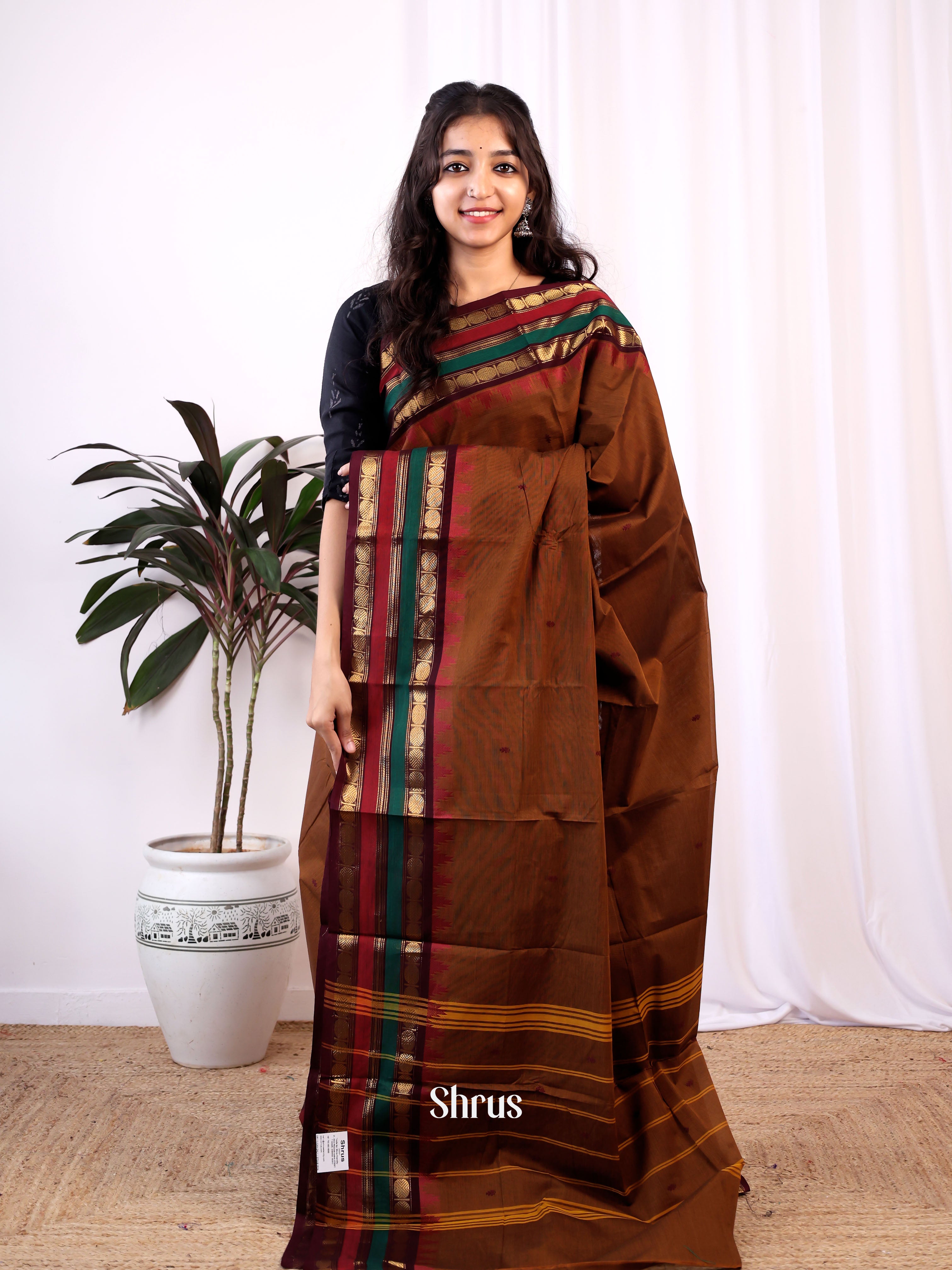 Brown - Chettinad Cotton Saree - Shop on Shrus.com