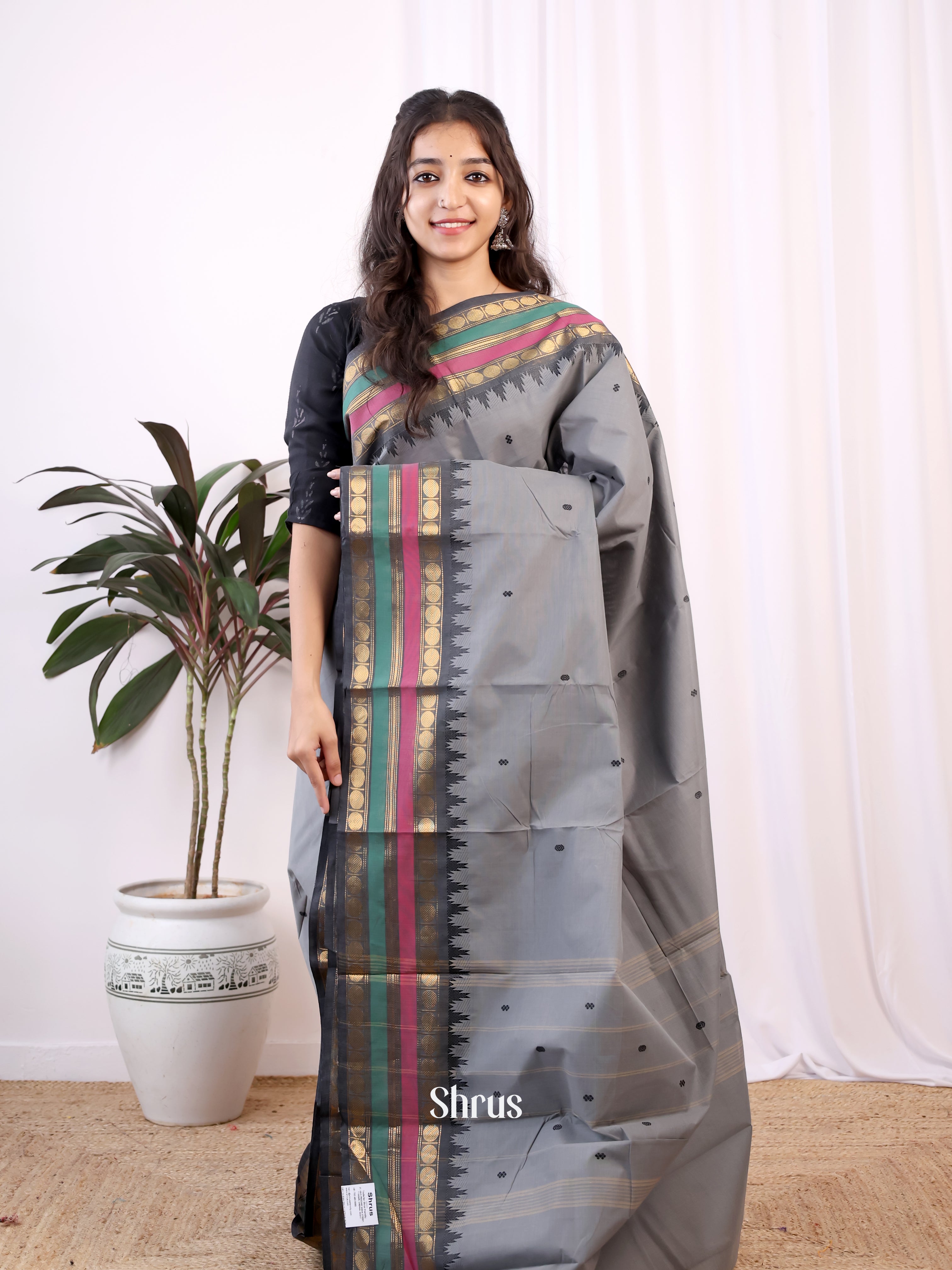 Grey & Black - Chettinad Cotton Saree - Shop on Shrus.com