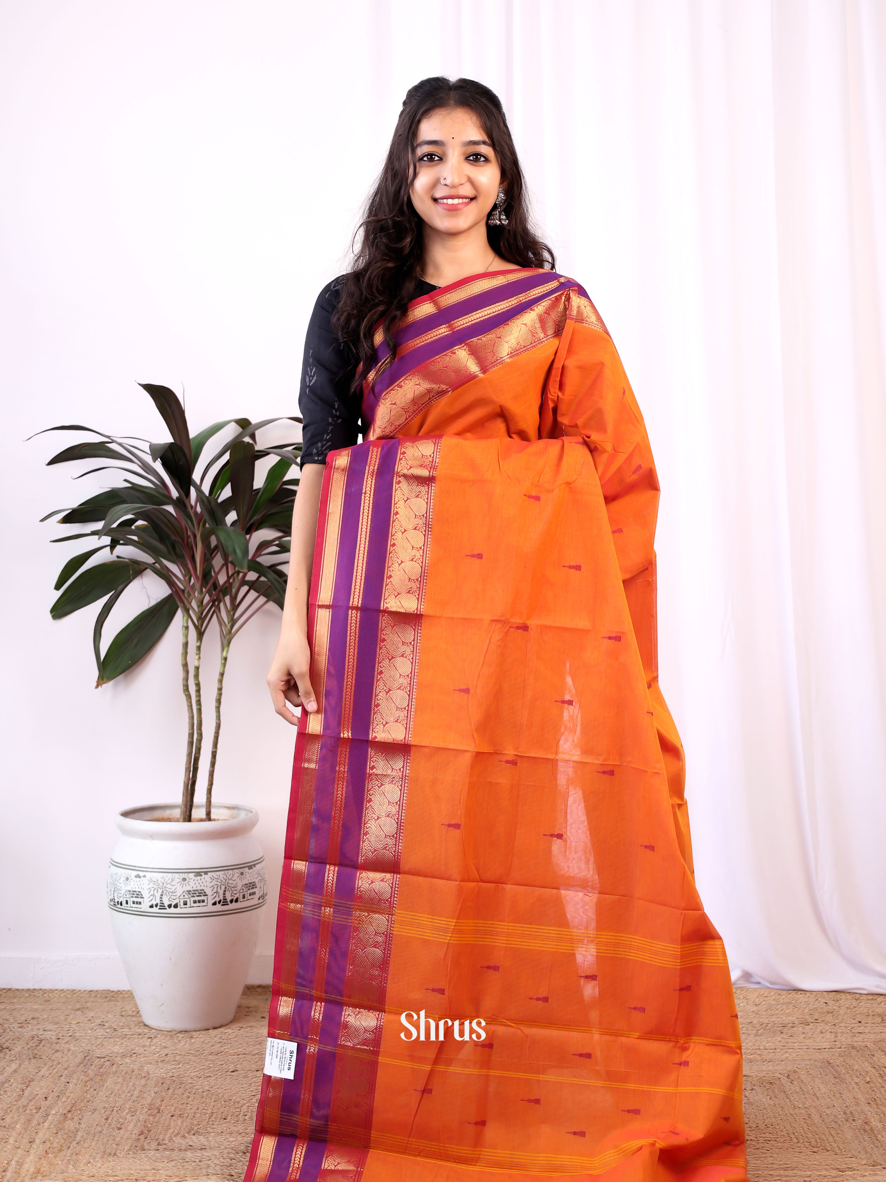 Orange & Purple - Chettinad Cotton Saree - Shop on Shrus.com