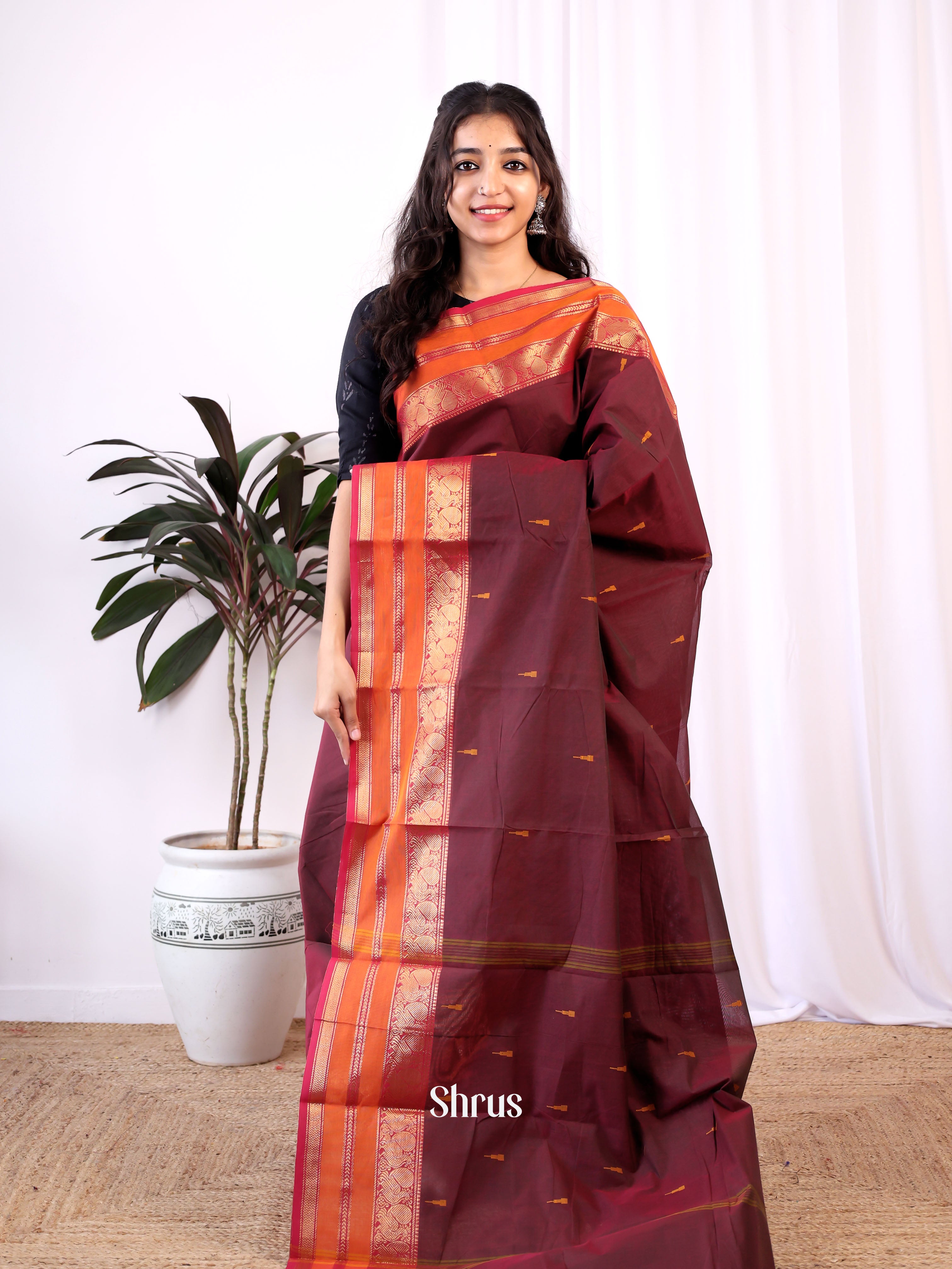 Brown & Orange- Chettinad Cotton Saree - Shop on Shrus.com