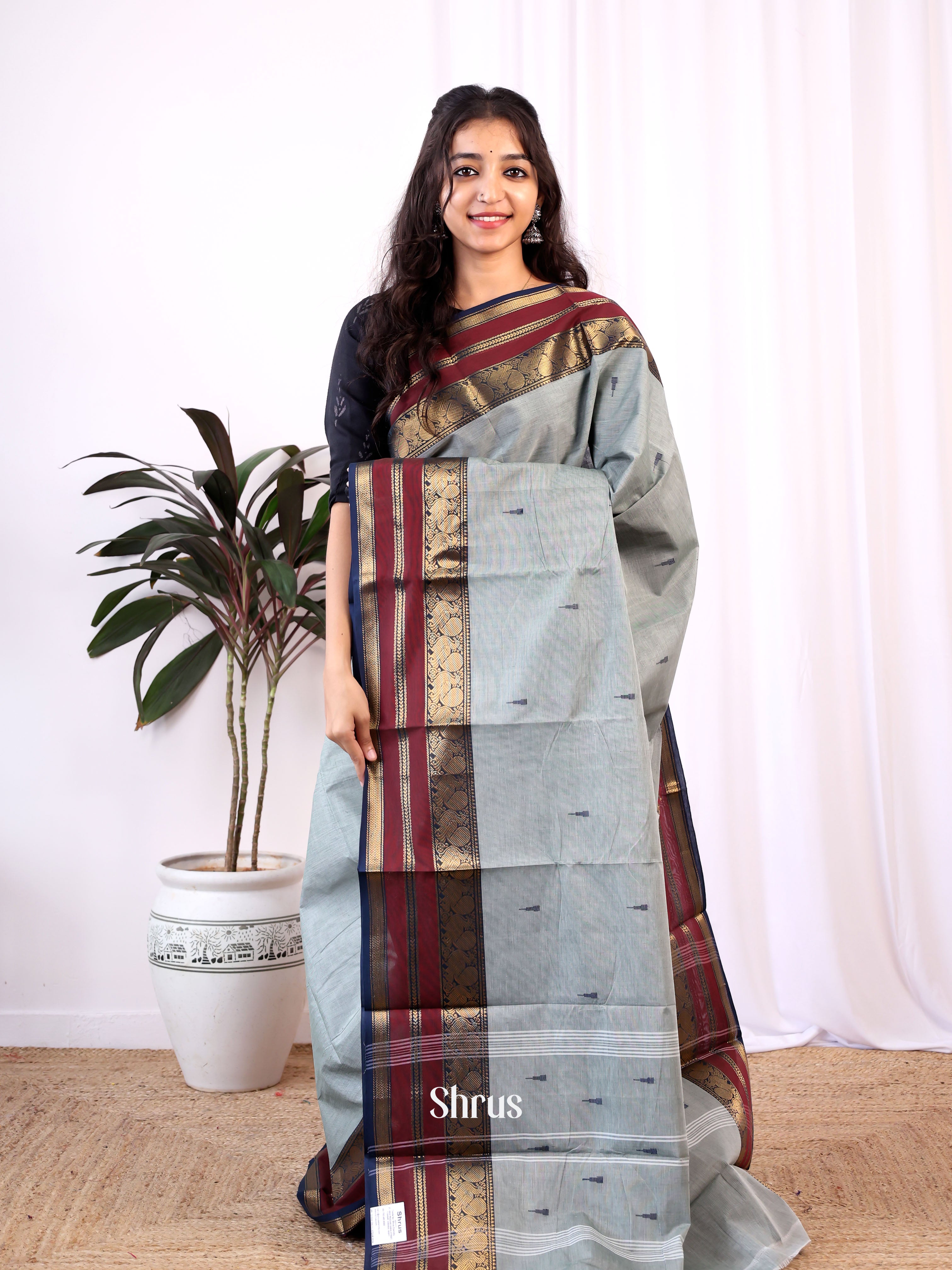 Grey & Black - Chettinad Cotton Saree - Shop on Shrus.com