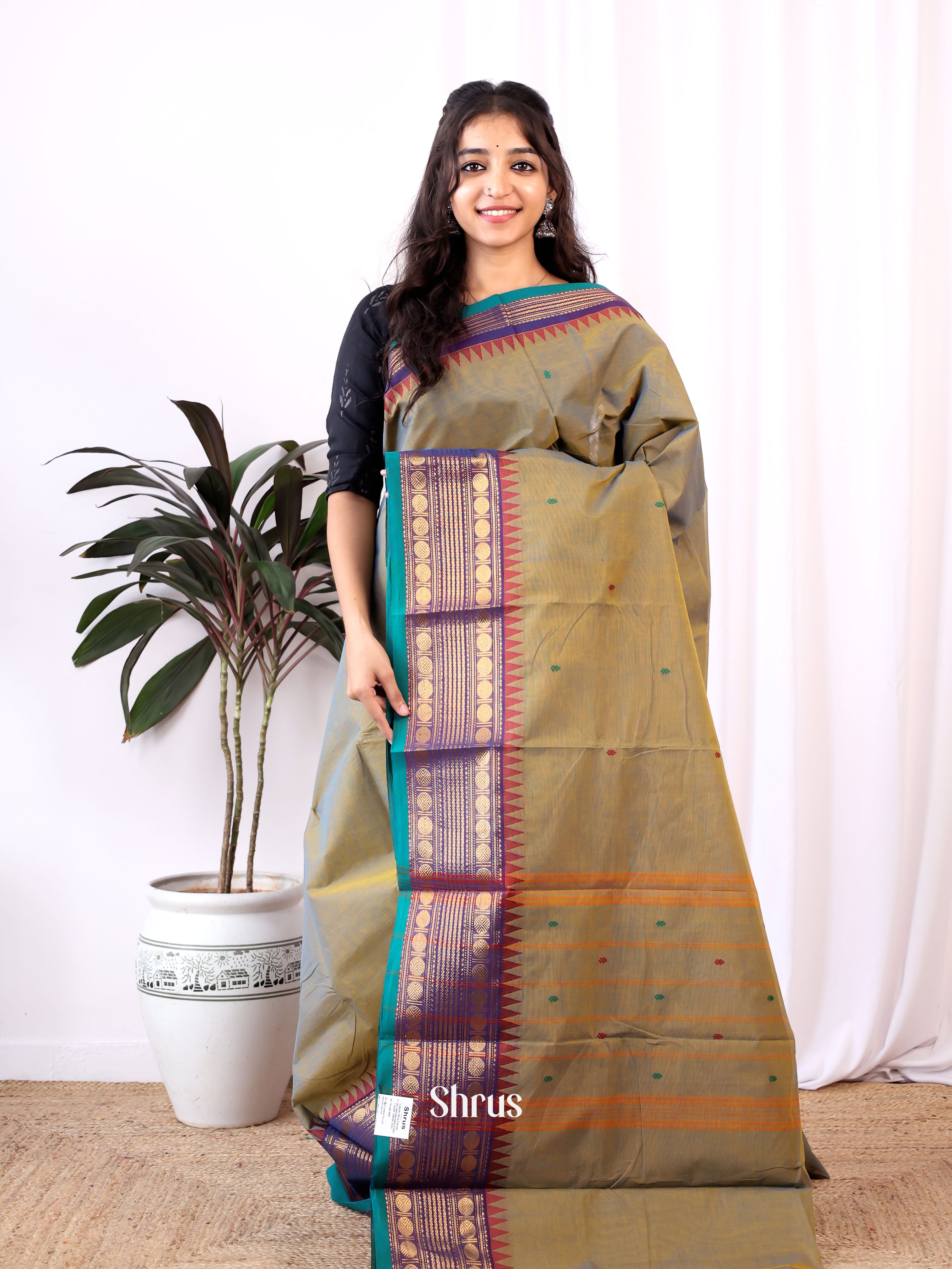 Beige & Purple - Chettinad Cotton Saree - Shop on Shrus.com
