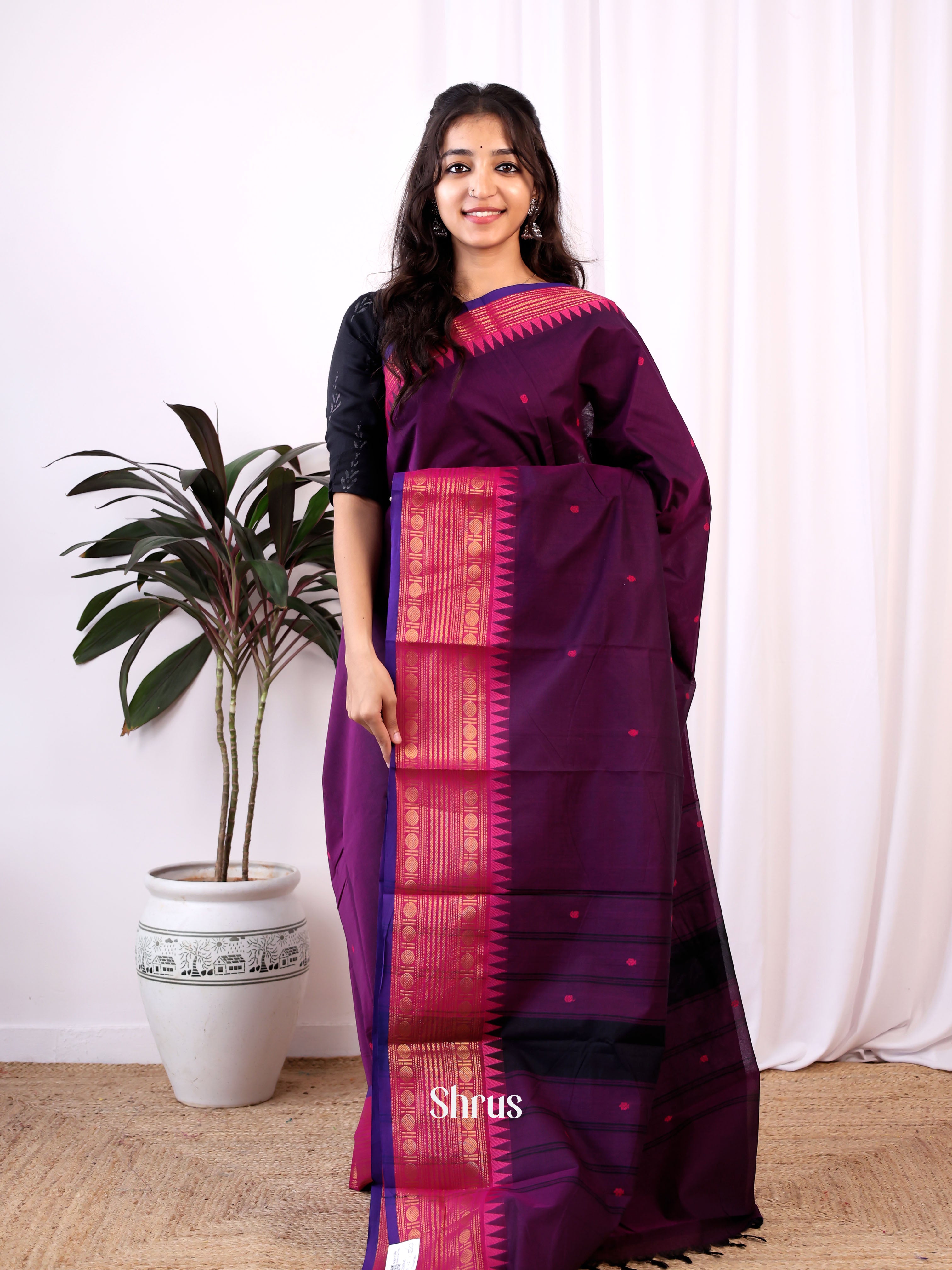 Violet & Pink- Chettinad Cotton Saree - Shop on Shrus.com