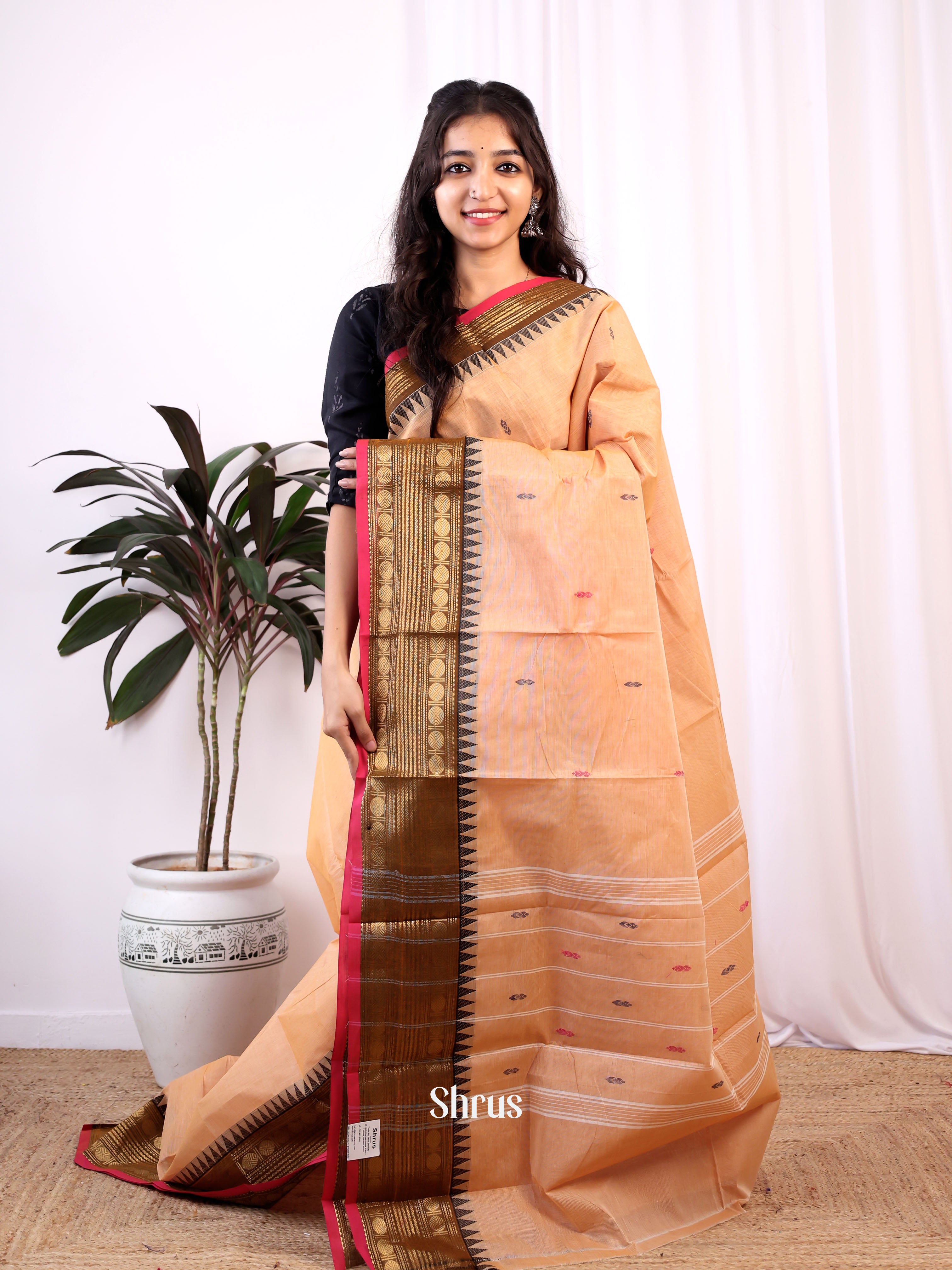 Peach & Black - Chettinad Cotton Saree - Shop on Shrus.com