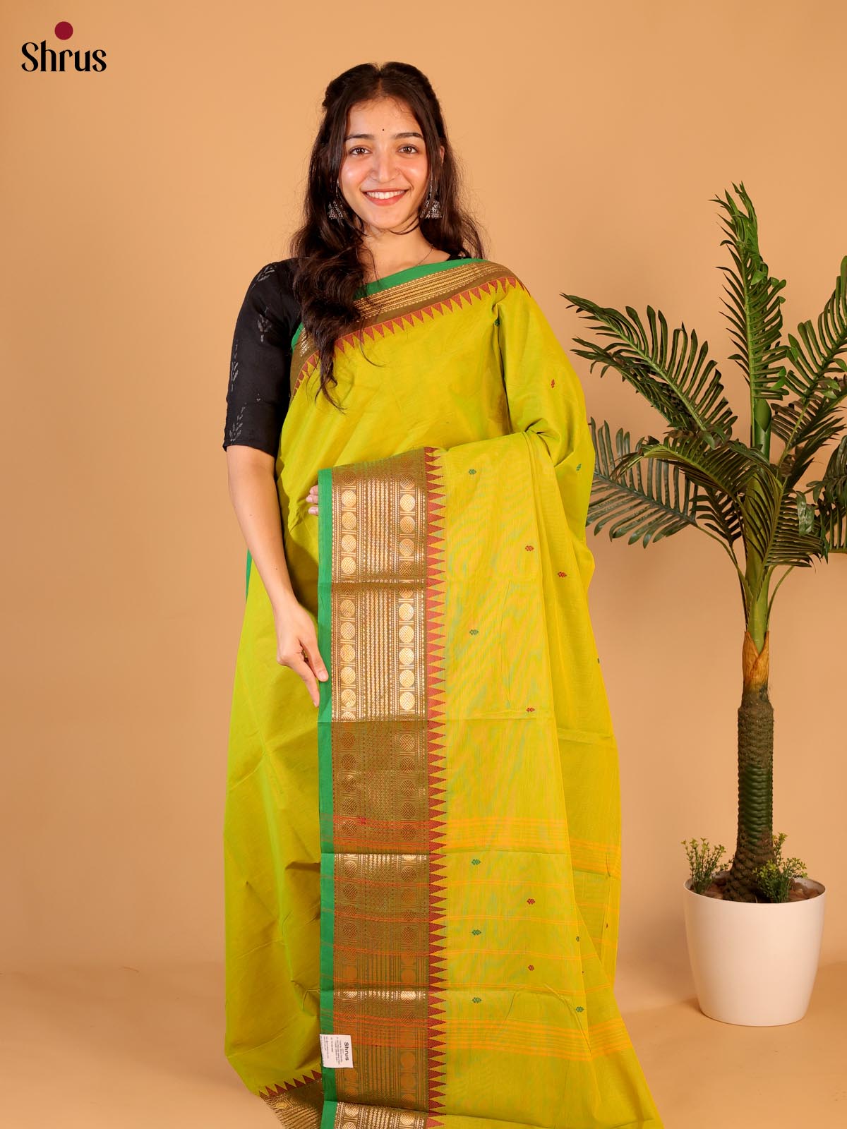 Lime Green & Green - Chettinad Cotton Saree - Shop on Shrus.com