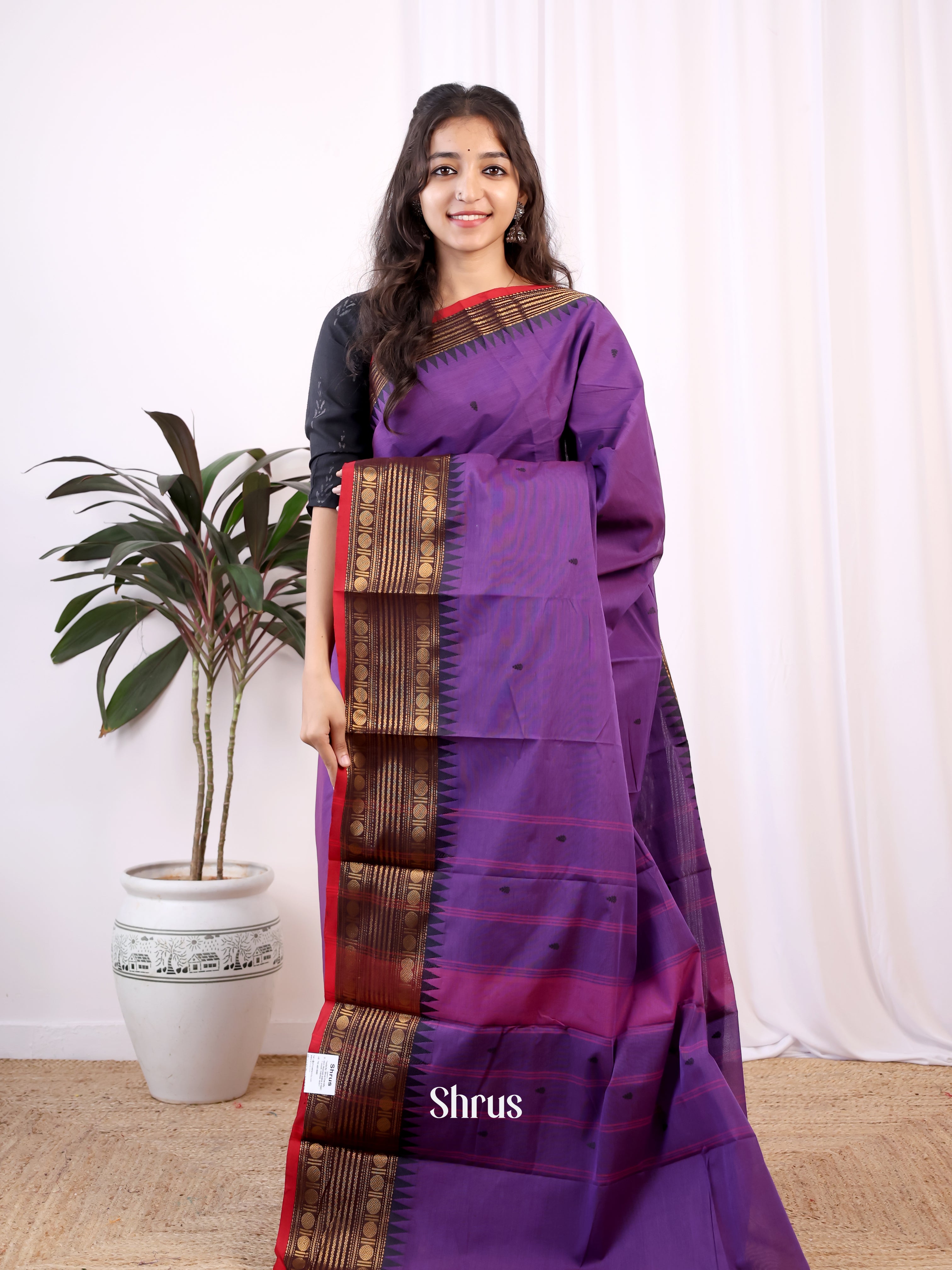 Purple & black- Chettinad Cotton Saree - Shop on Shrus.com