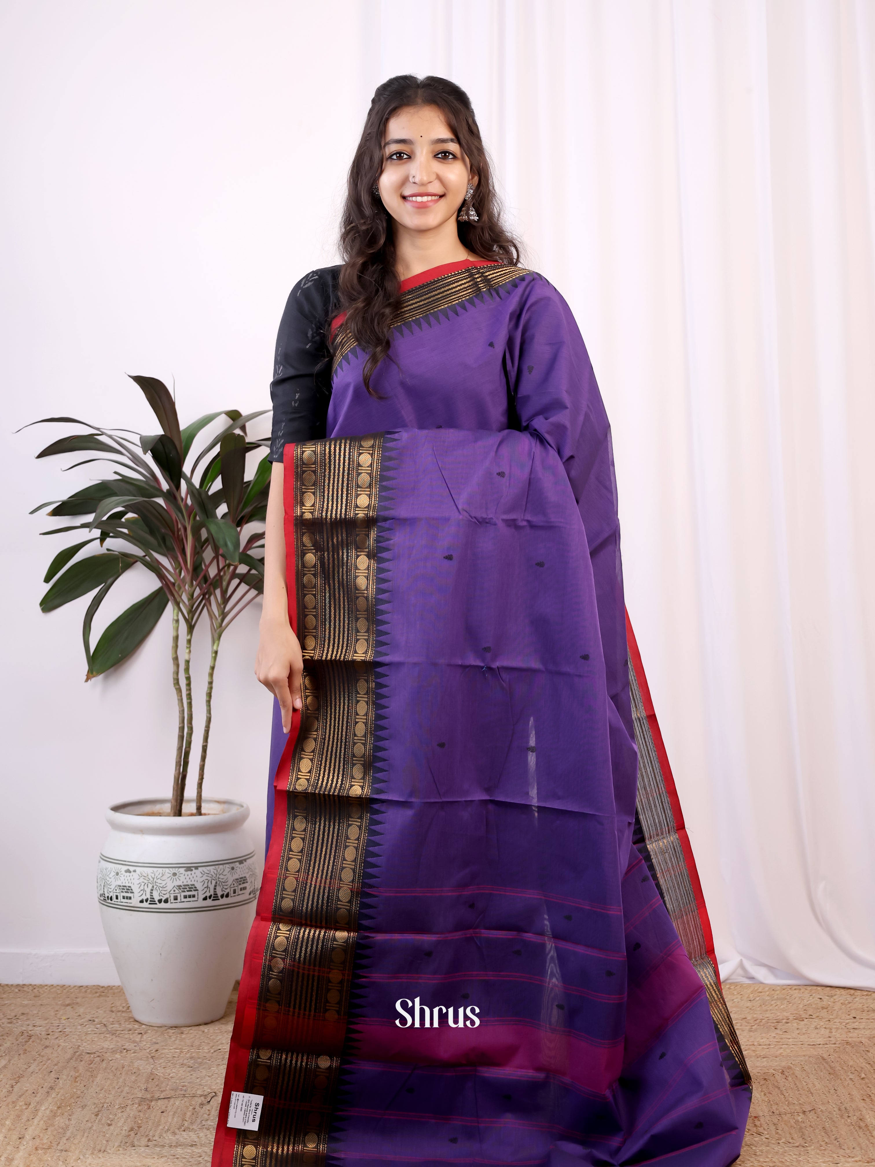 Purple & Black - Chettinad Cotton Saree - Shop on Shrus.com