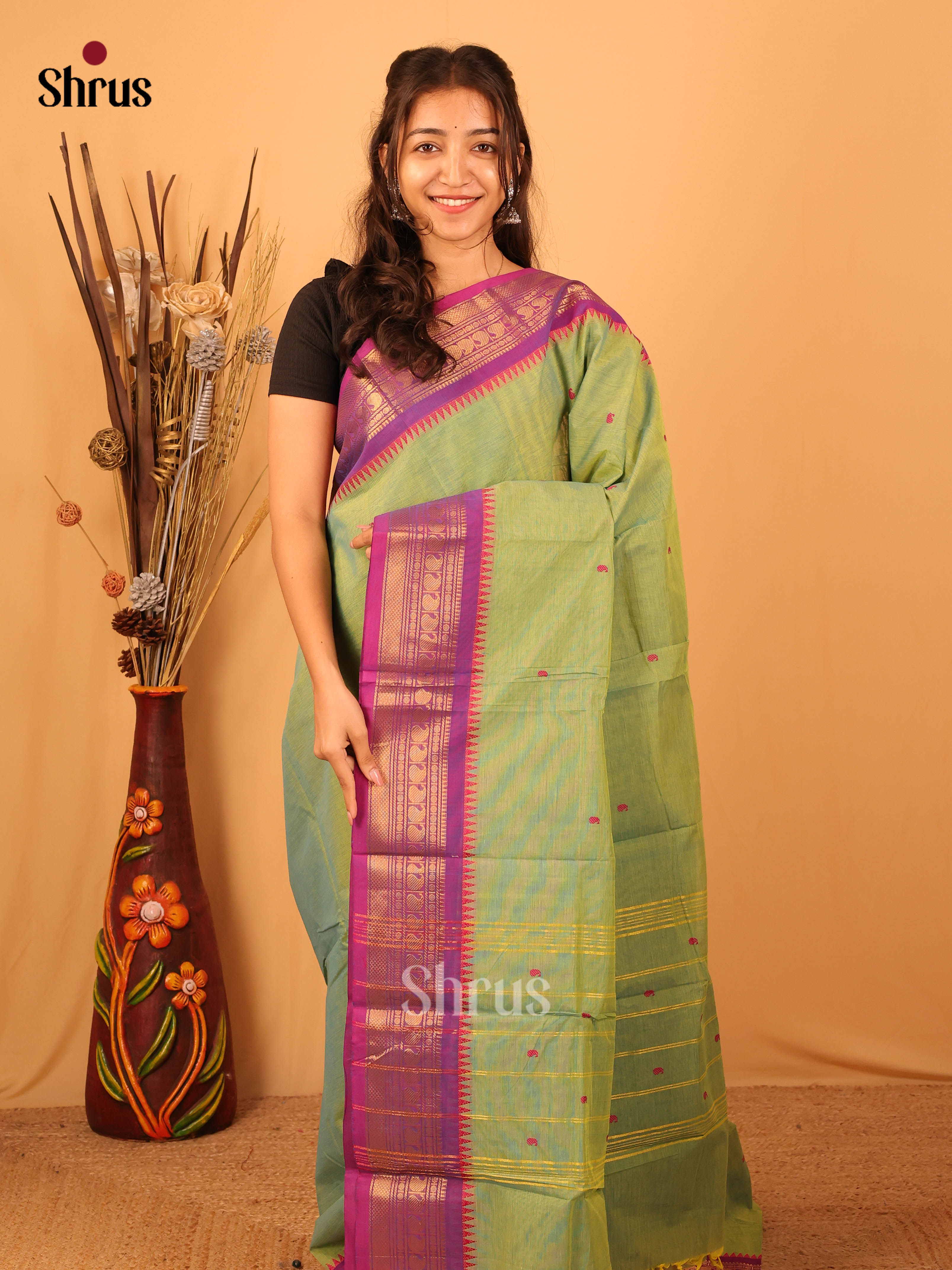 Green & Purple- Chettinad Cotton Saree - Shop on Shrus.com