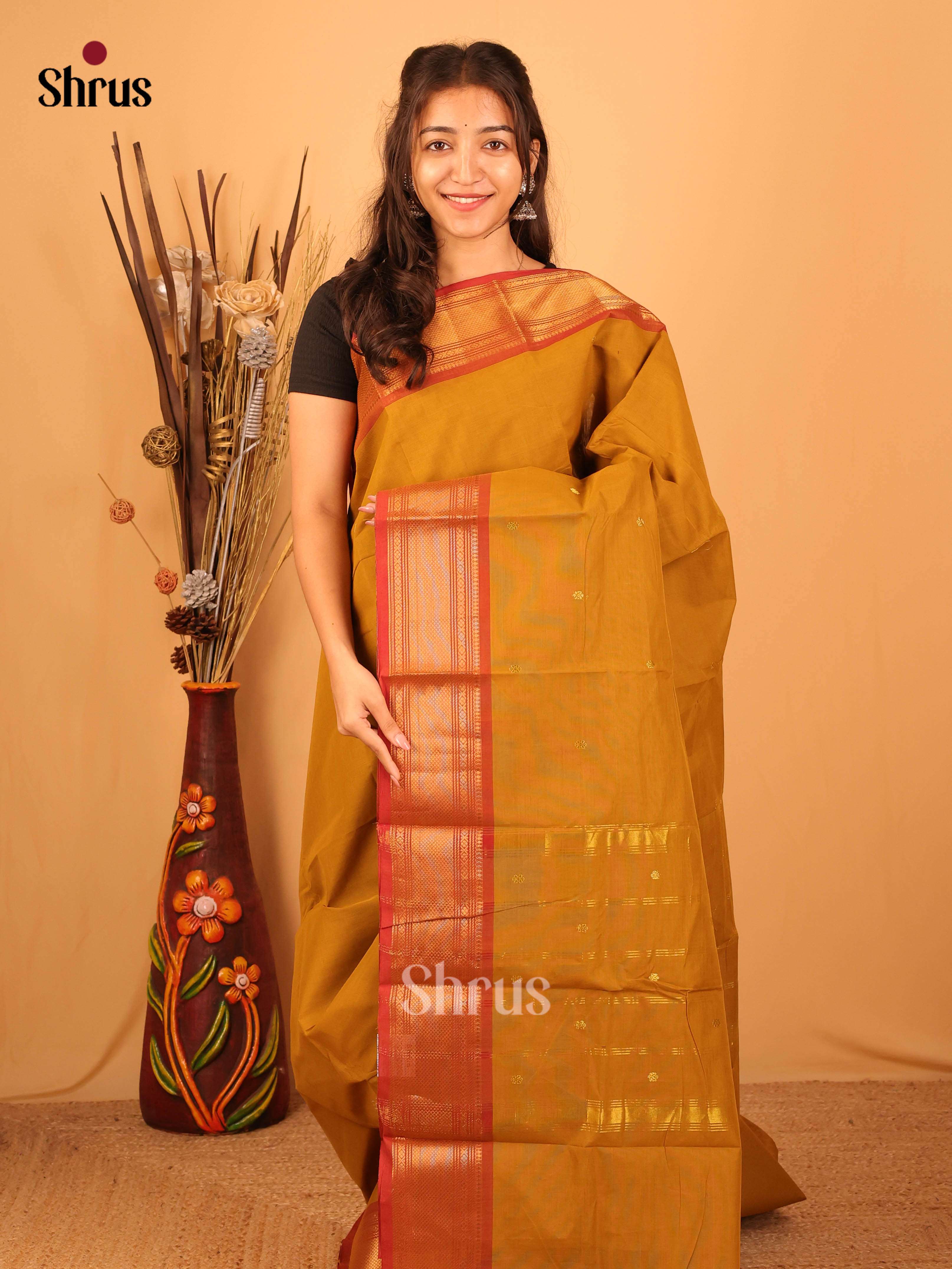 Dark Mustard & Red- Chettinad Cotton Saree - Shop on Shrus.com
