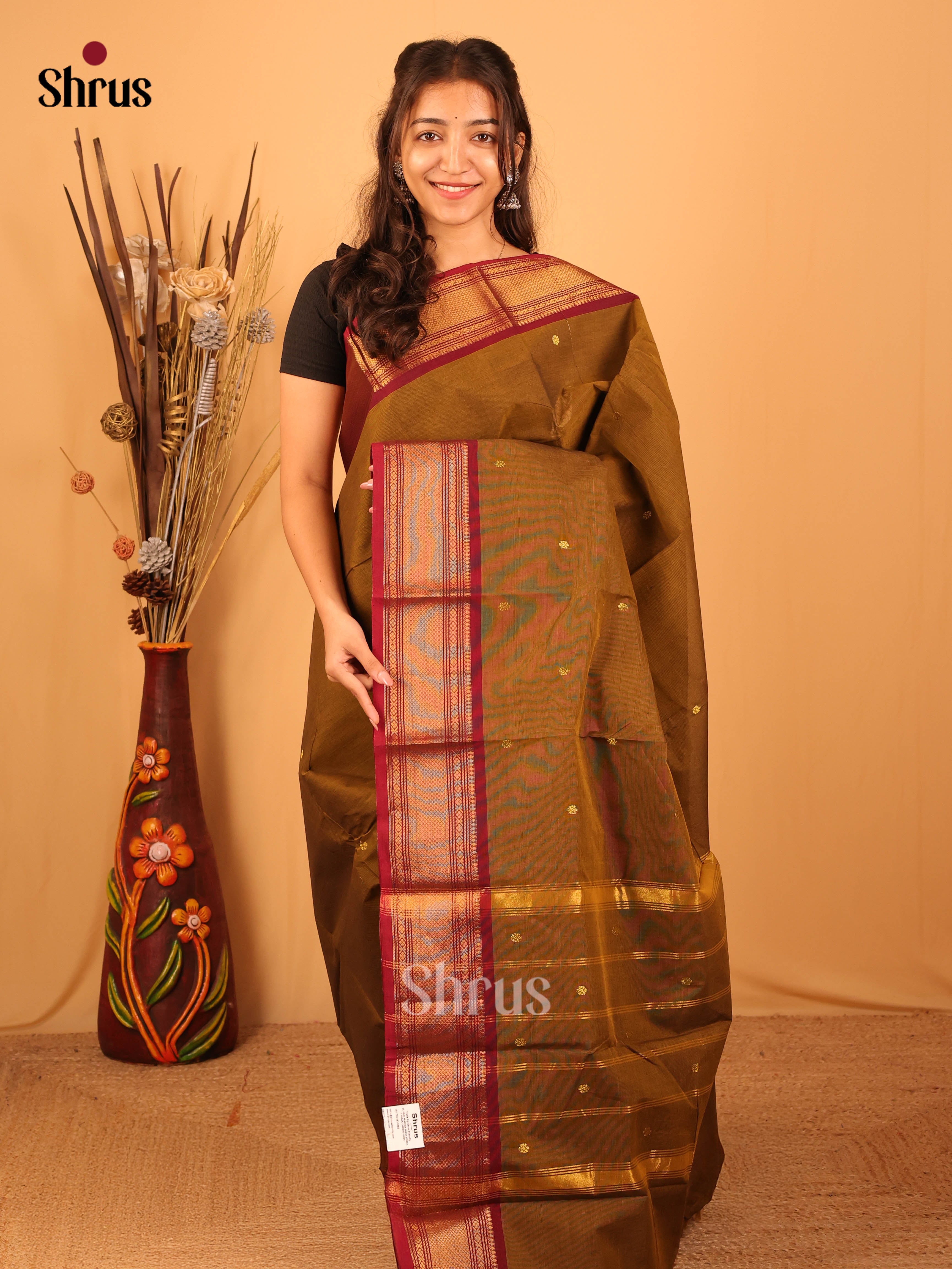 Mehandi & Maroon - Chettinad Cotton Saree - Shop on Shrus.com