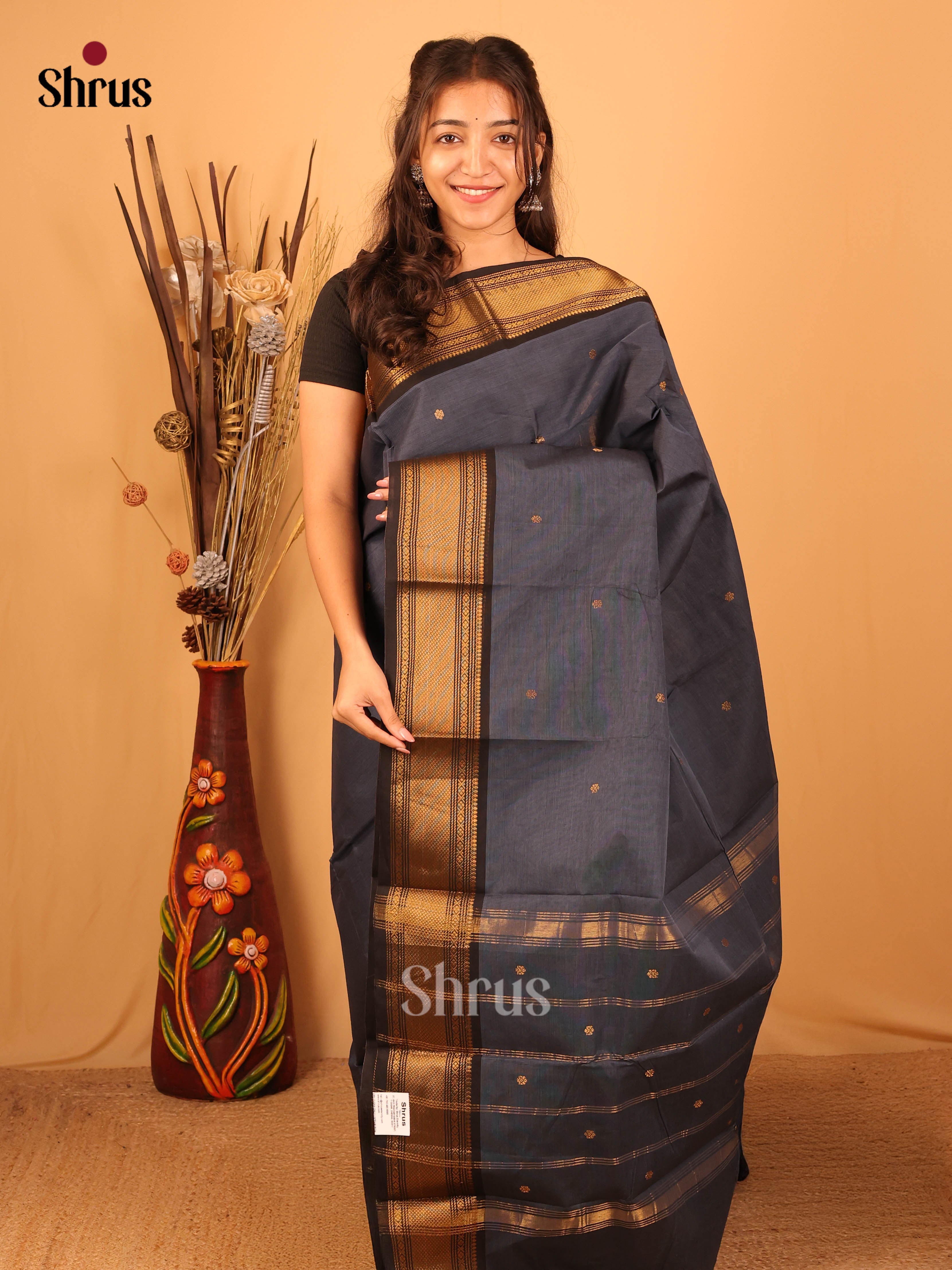 Grey & Black- Chettinad Cotton Saree - Shop on Shrus.com