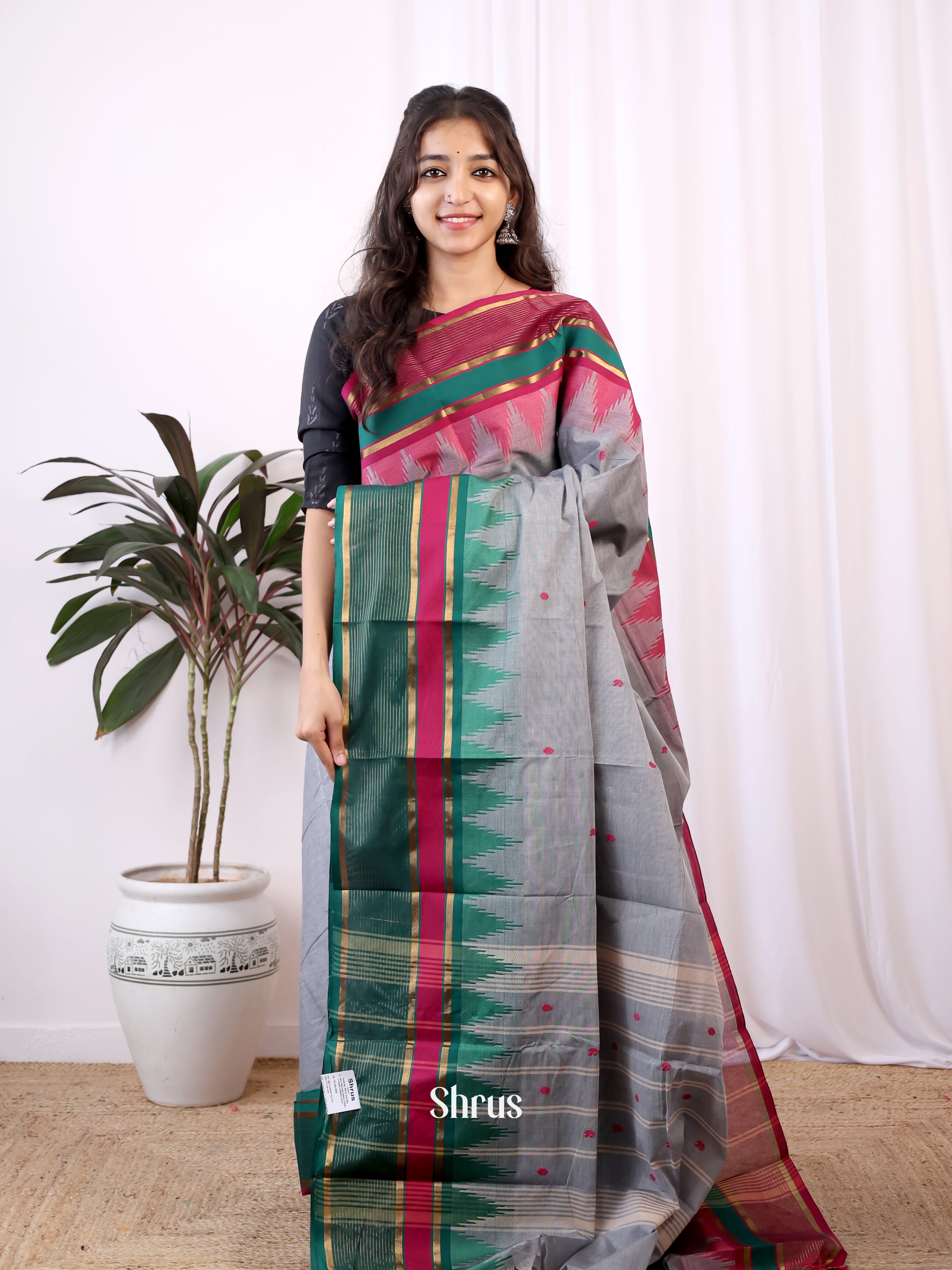 Grey & Green - Chettinad Cotton Saree - Shop on Shrus.com