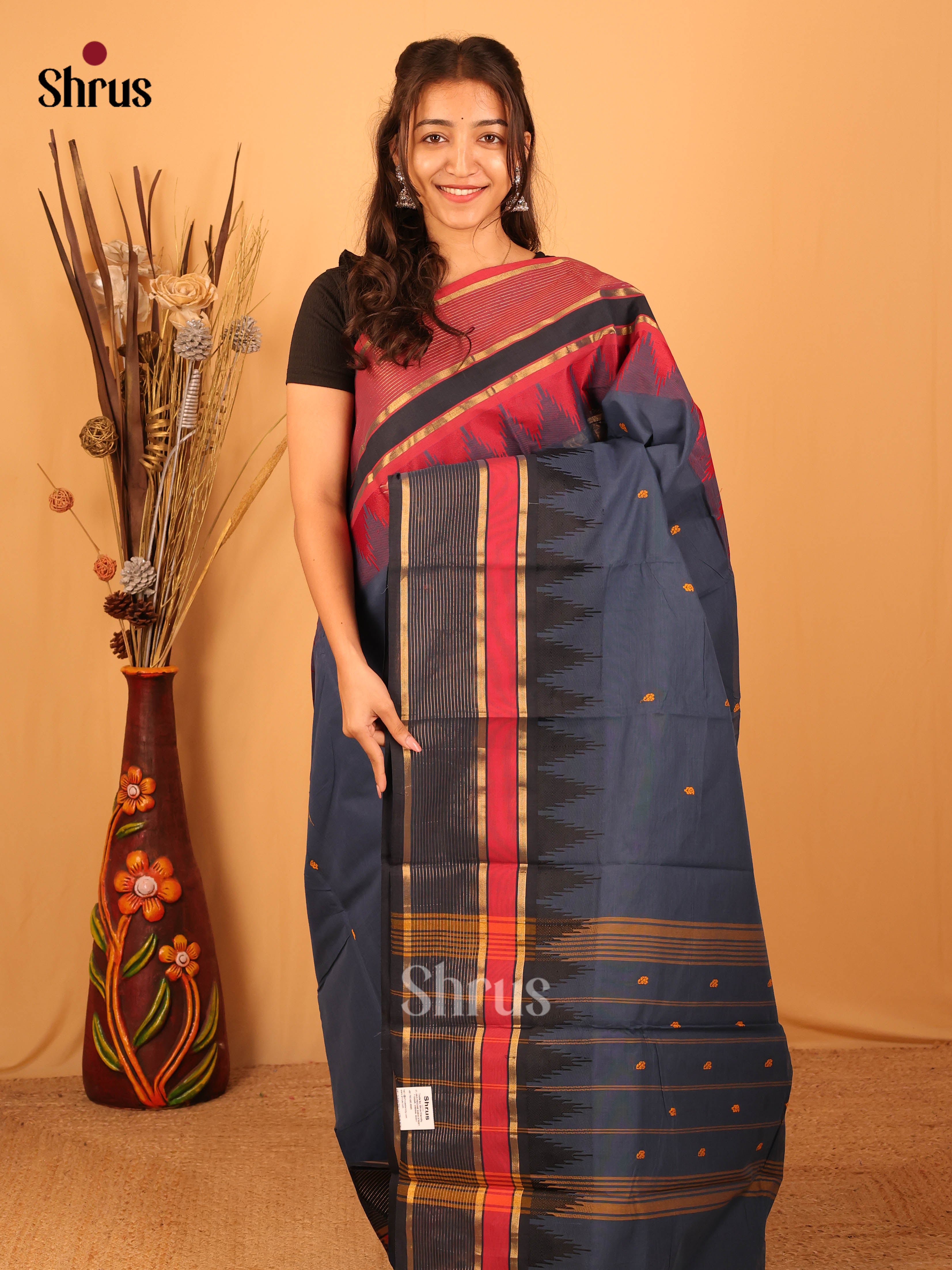 Midnight Blue & Black- Chettinad Cotton Saree - Shop on Shrus.com