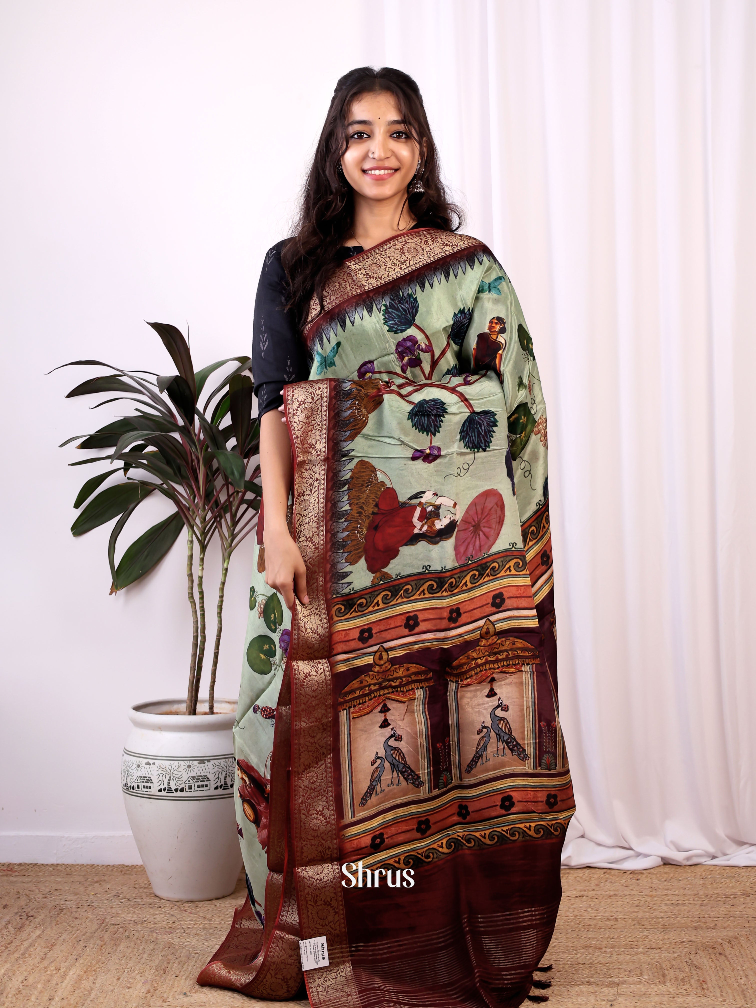 Green & Maroon - Semi Dola silk Saree - Shop on Shrus.com
